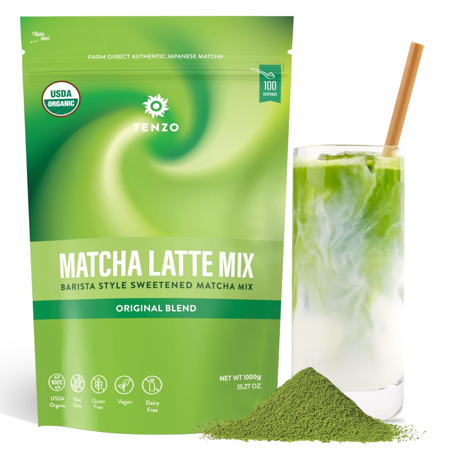 Tenzo Matcha Green Tea Powder, Organic Cafe Sweetened 35.27 Ounce (Pack of 1)