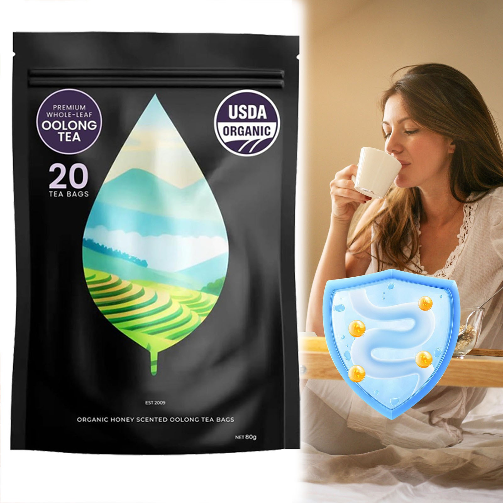 PiPi Tea Organic Oolong Tea Bags – Whole Leaf, 20 Bags (4g Each) – Cortisol & Ca