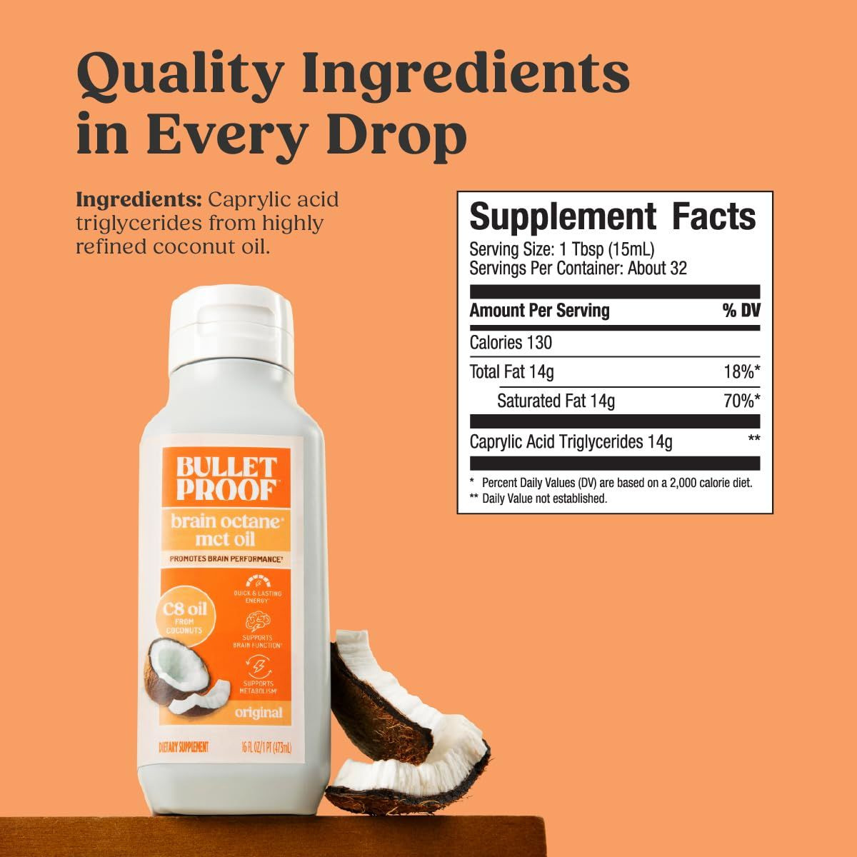 Bulletproof Brain Octane C8 MCT Oil, 16 oz – 16.00 Fl Oz (Pack of 1), Clear