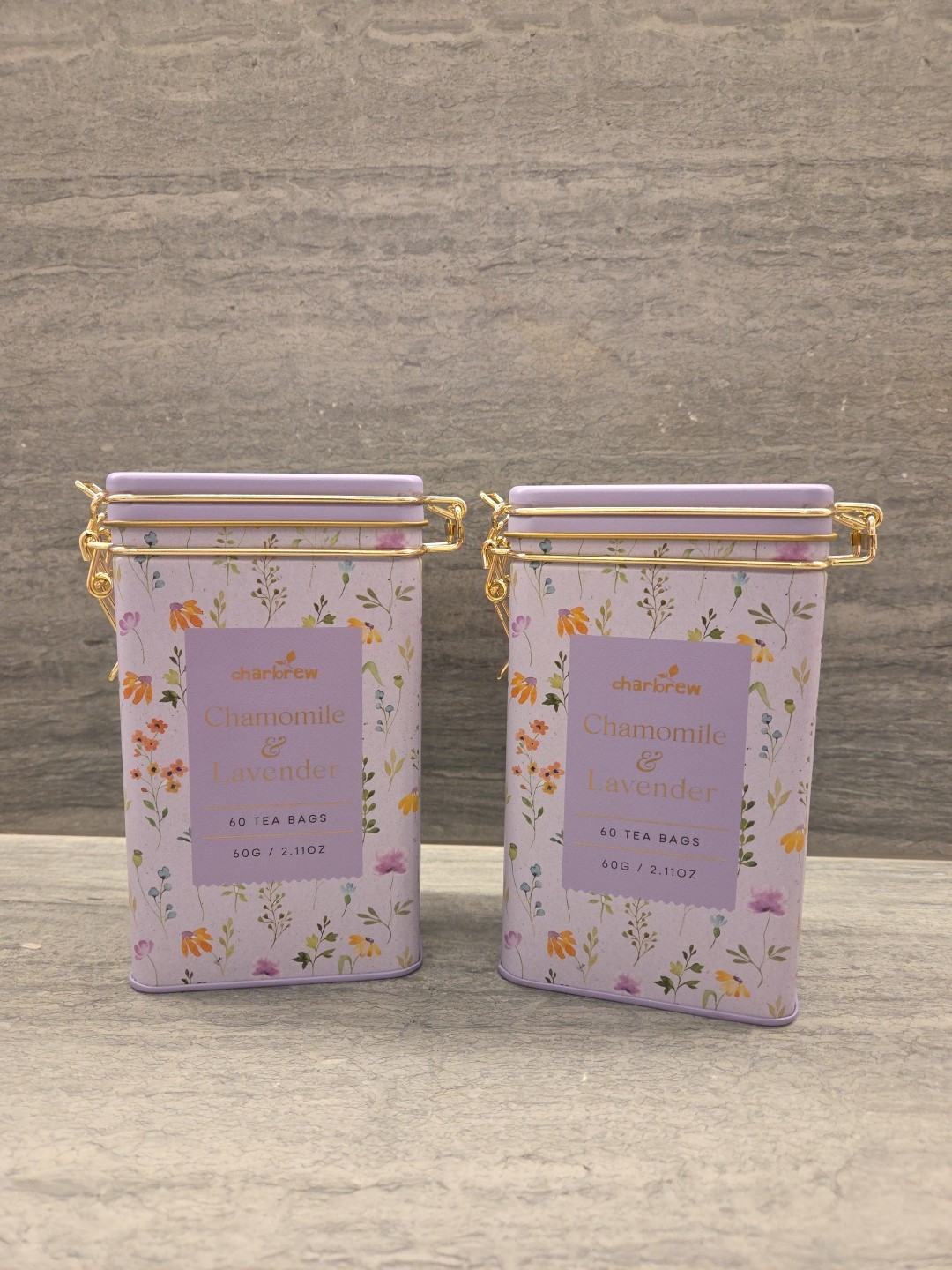 Charbrew Tea – 2 Pretty Collectible Caddies Locking Tins – Chamomile & Lavender