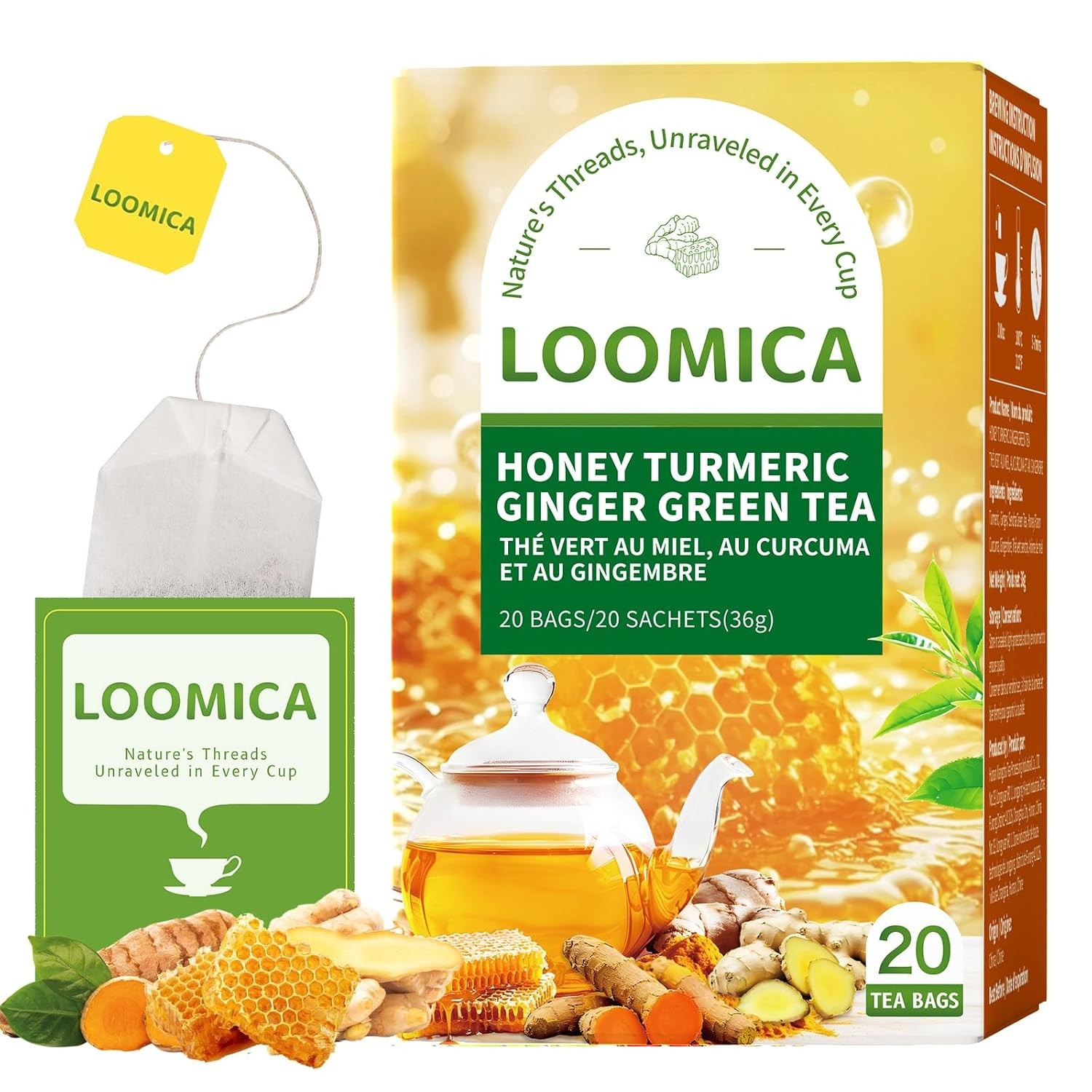 LOOMICA Honey Turmeric Ginger Green Tea, Naturally Caffeinated, Smooth Green Tea