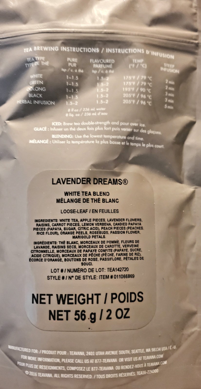 NEW *RARE* 💜 TEAVANA LAVENDER DREAMS 🤍 WHITE TEA 2 OZ FACTORY SEALED BAG VHTF!