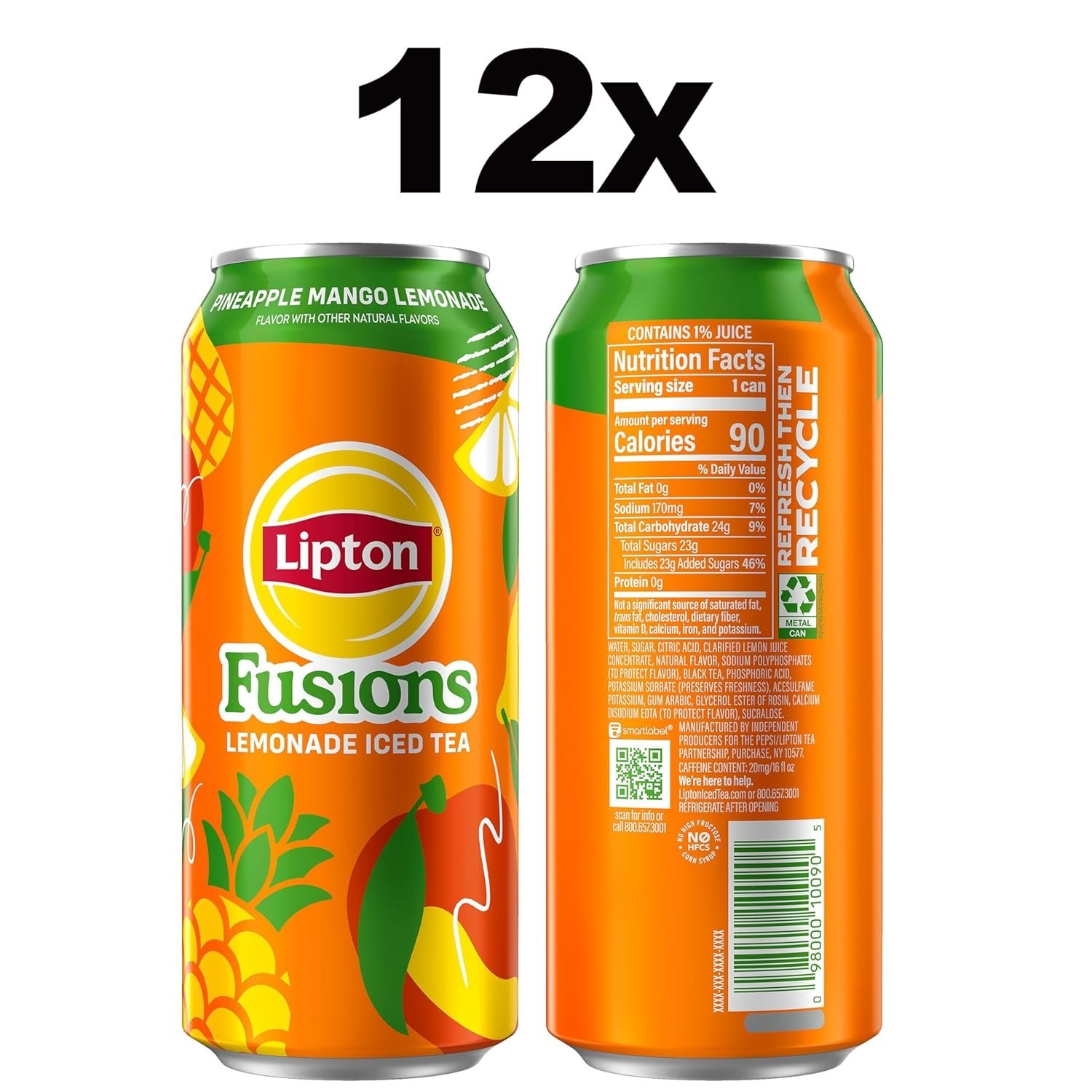 Lipton Fusions, Pineapple Mango Lemonade Iced Tea, 16 Fl Oz Cans Pack of 12