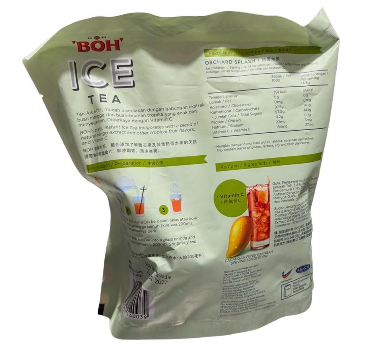 4 x BOH Ice Tea Orchard Splash Mango & Tropical Fruits (14.5g x 20’s )