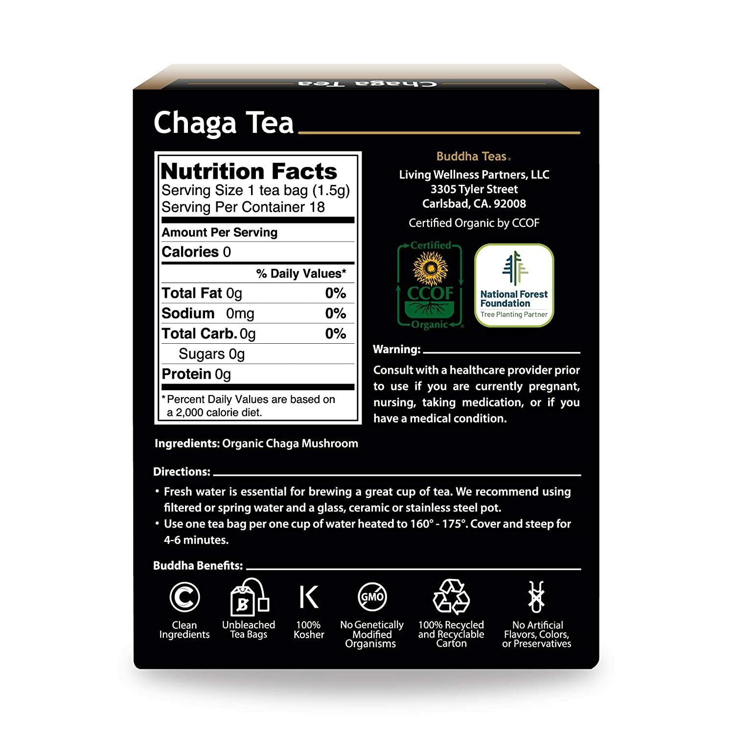 Buddha Teas Organic Chaga Mushroom Tea 18 Bag Kosher