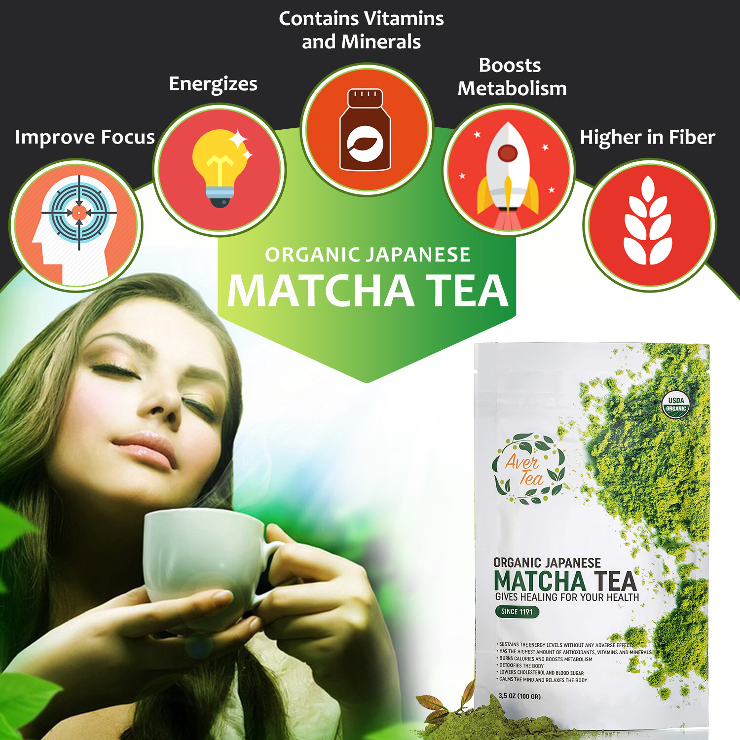 AverTea Organic Matcha Green Tea Powder – Classic Japanese Natural Tea Grade