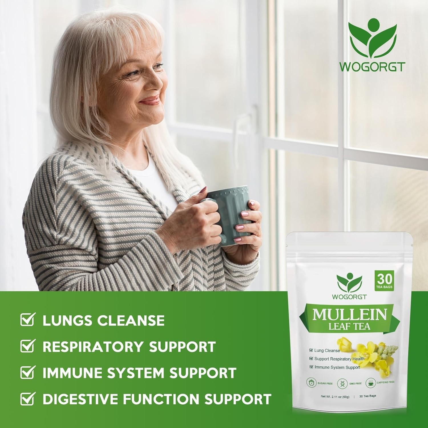 Natural Mullein Tea Bags – 30 Count Caffeine-Free Support for Clean Lungs