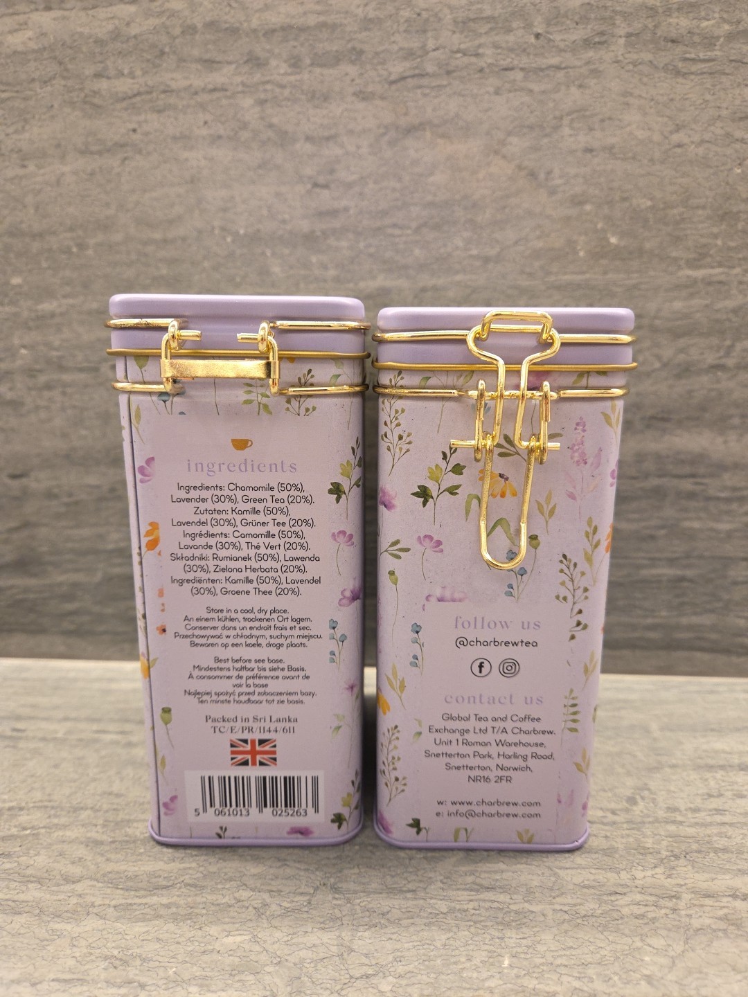 Charbrew Tea – 2 Pretty Collectible Caddies Locking Tins – Chamomile & Lavender