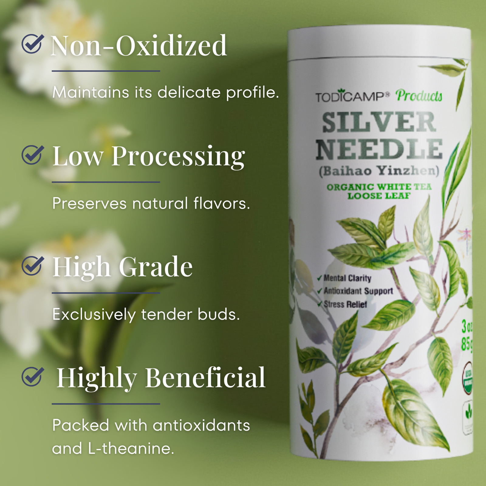 TODICAMP White Tea Organic Silver Needle Tea – 3 Oz