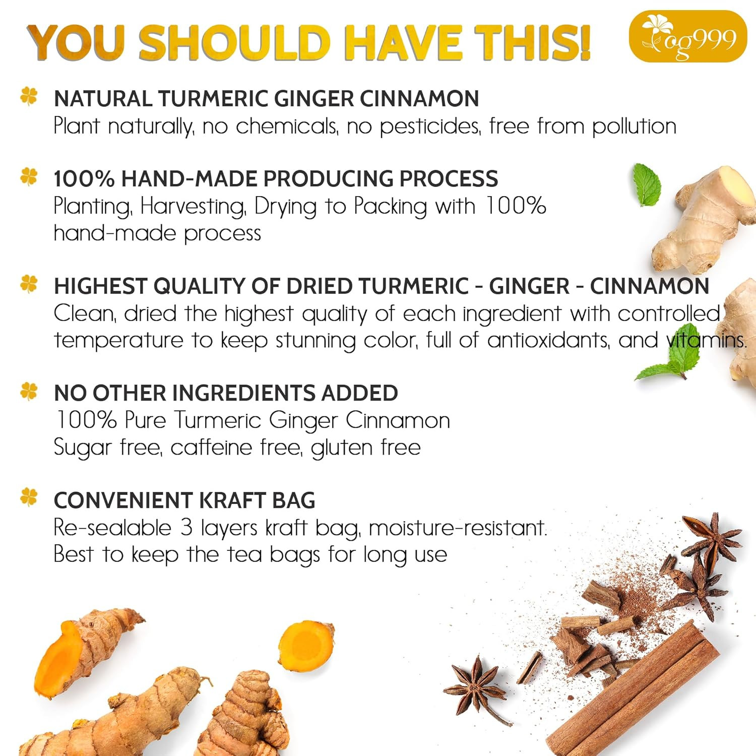 , 30 Bags Premium Turmeric Ginger Cinnamon Tea, Improve Digestion, Support Brain