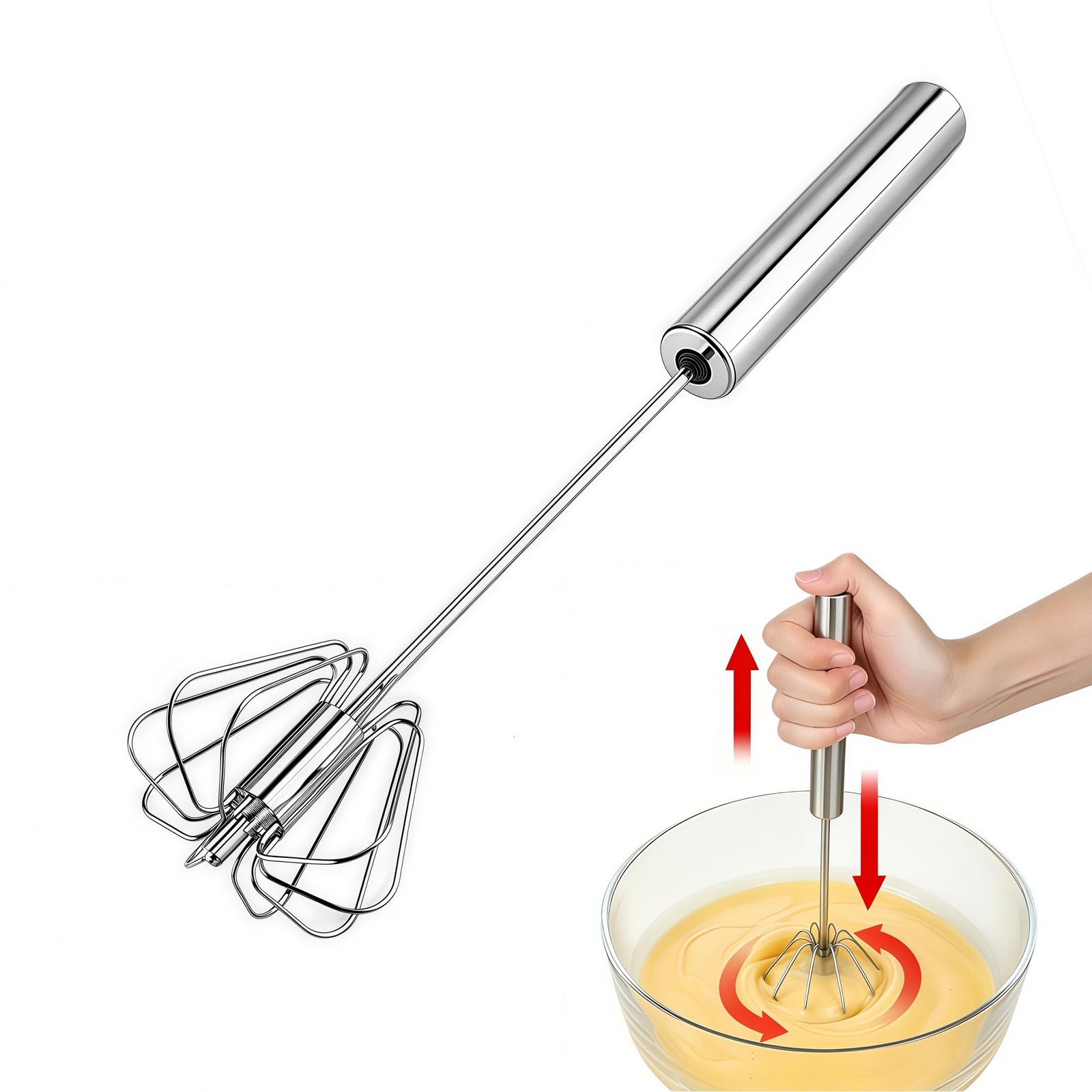 Stainless Steel Egg Whisk, Hand Push Rotary Whisk Blender, 12in, Silver