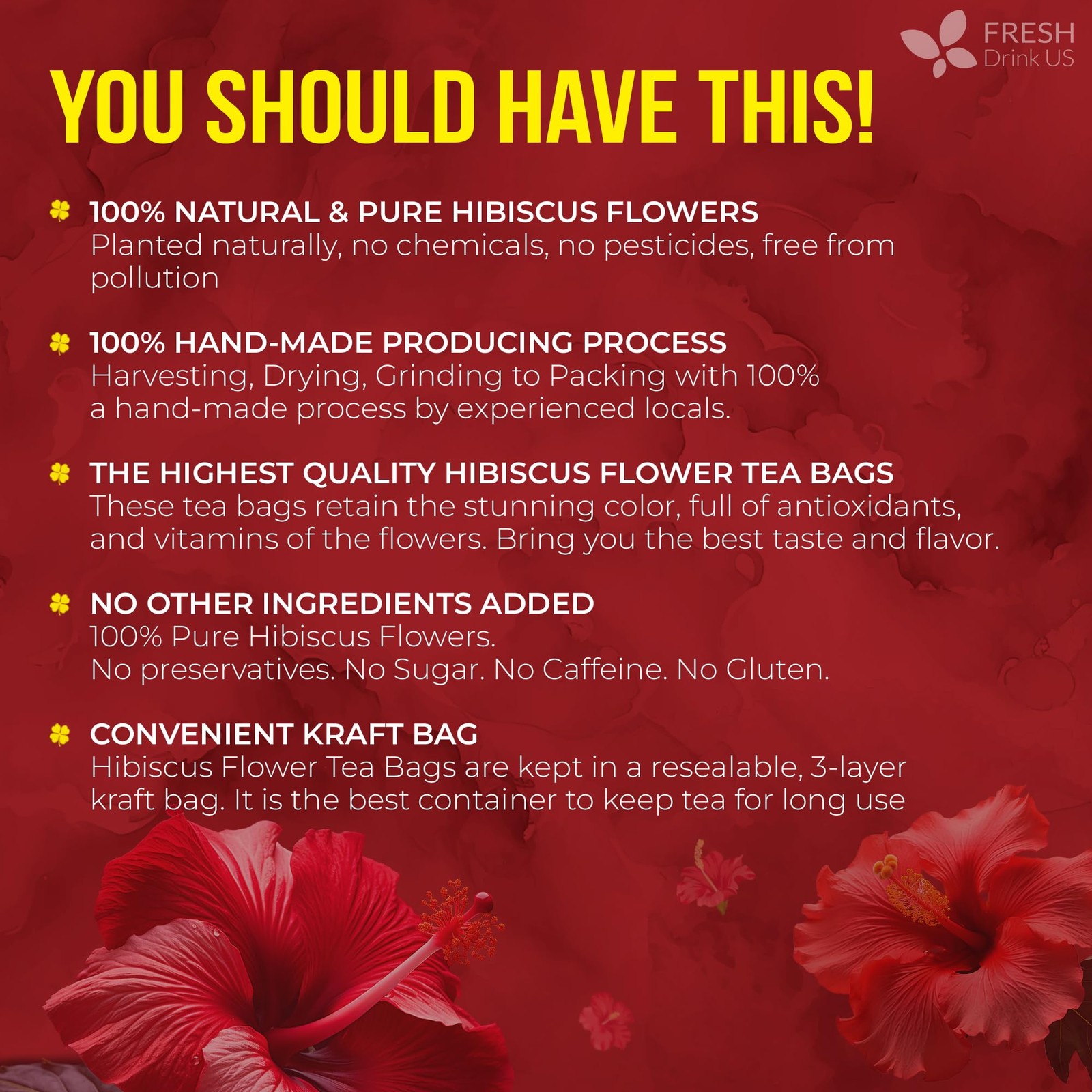 FreshDrinkUS, Premium 140 Hibiscus Flowers Tea Bags, 100% 140 Bags