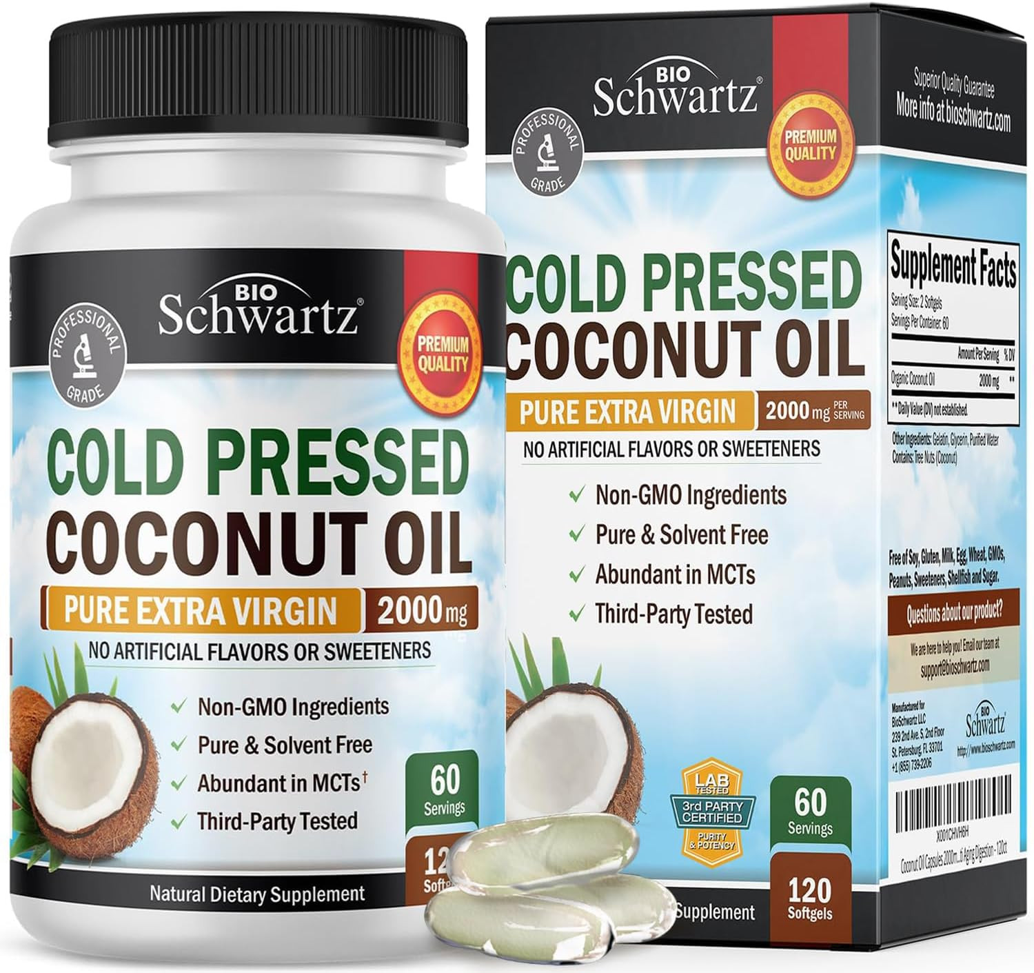 Coconut Oil Capsules 2000mg – Organic Pure Extra Virgin 120 Count (Pack of 1)