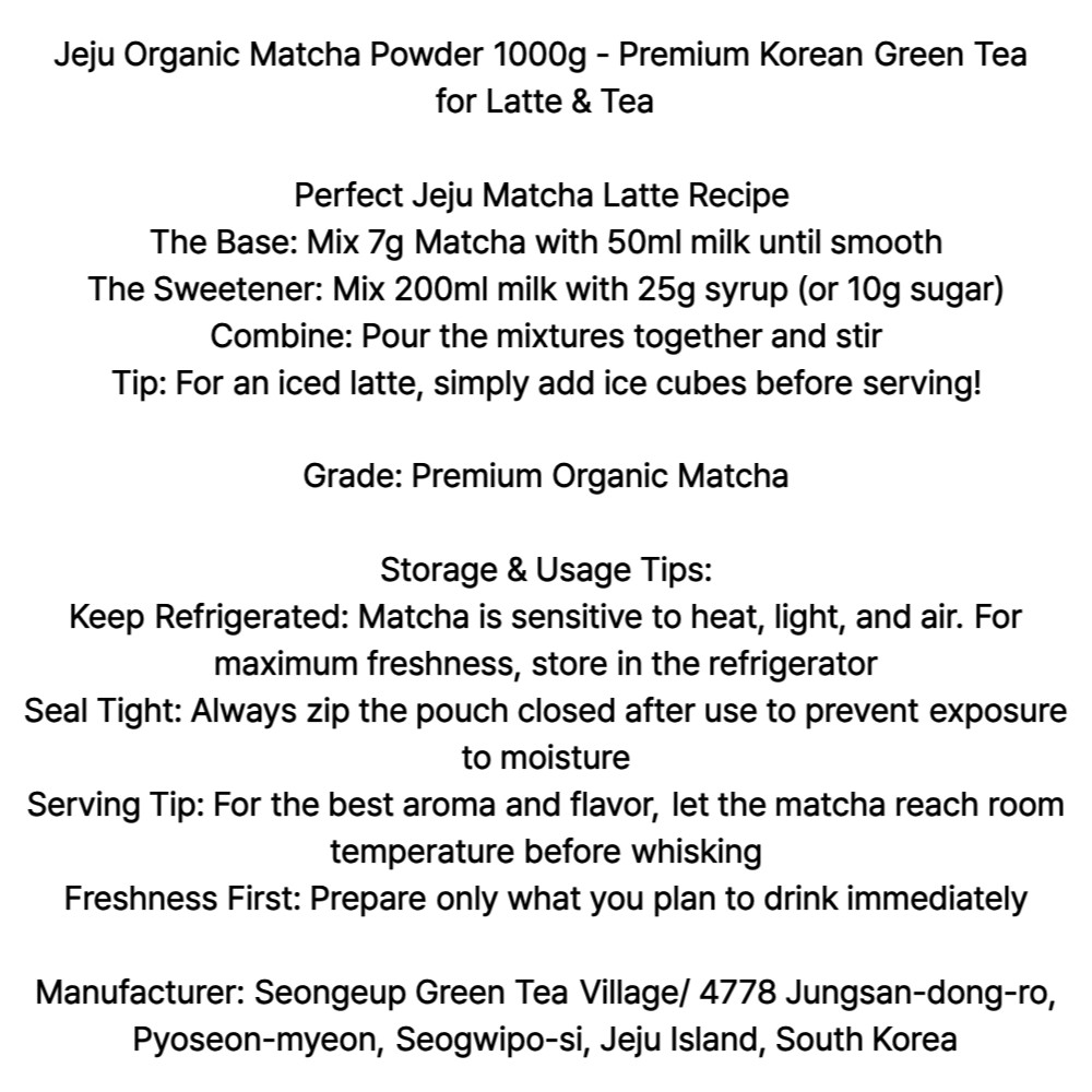 Jeju Organic Matcha Powder 1000g – Premium Korean Green Tea for Latte & Tea