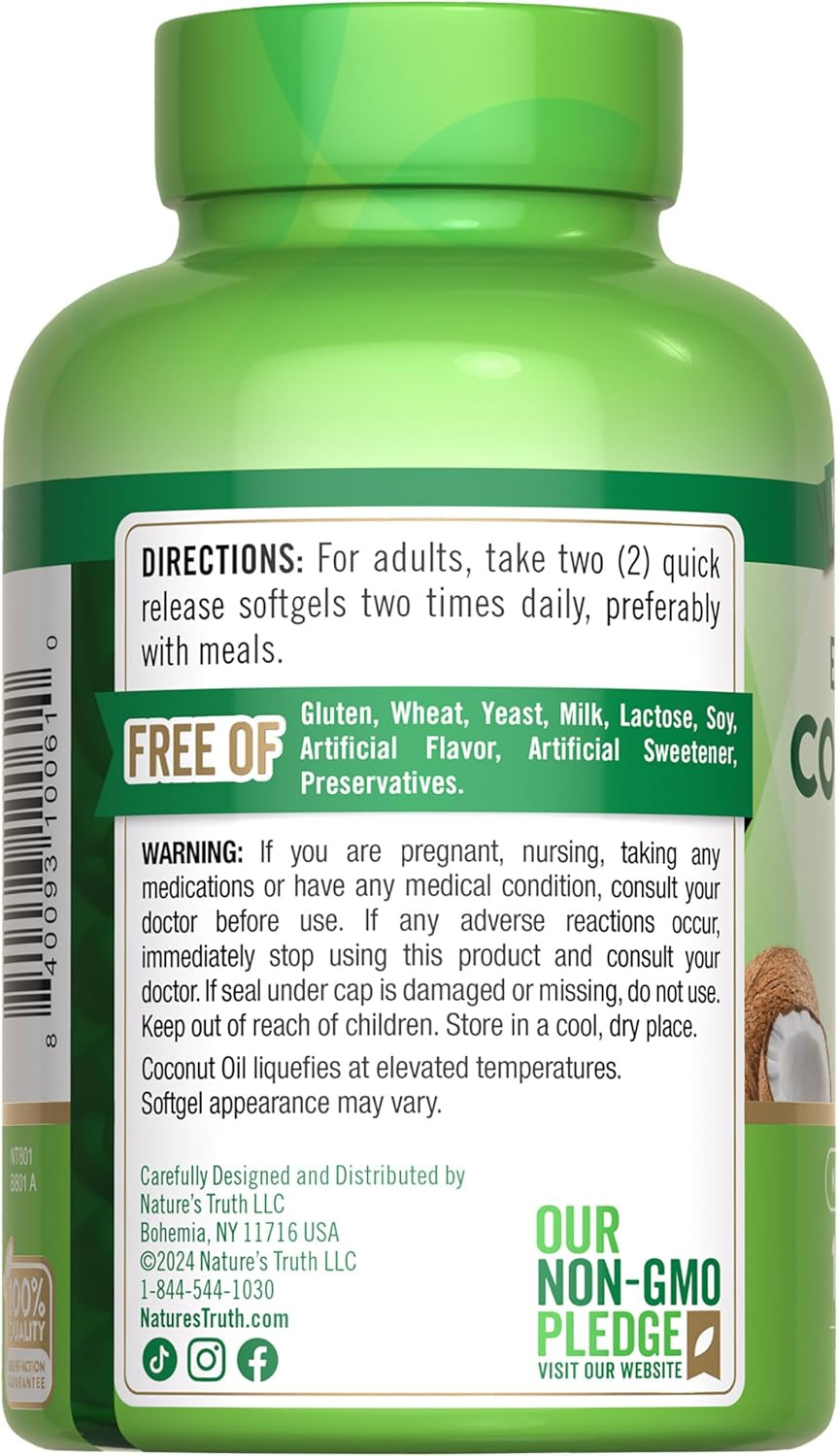 Nature’s Truth Coconut Oil Supplement | 100 Softgels | Naturally Occurring…