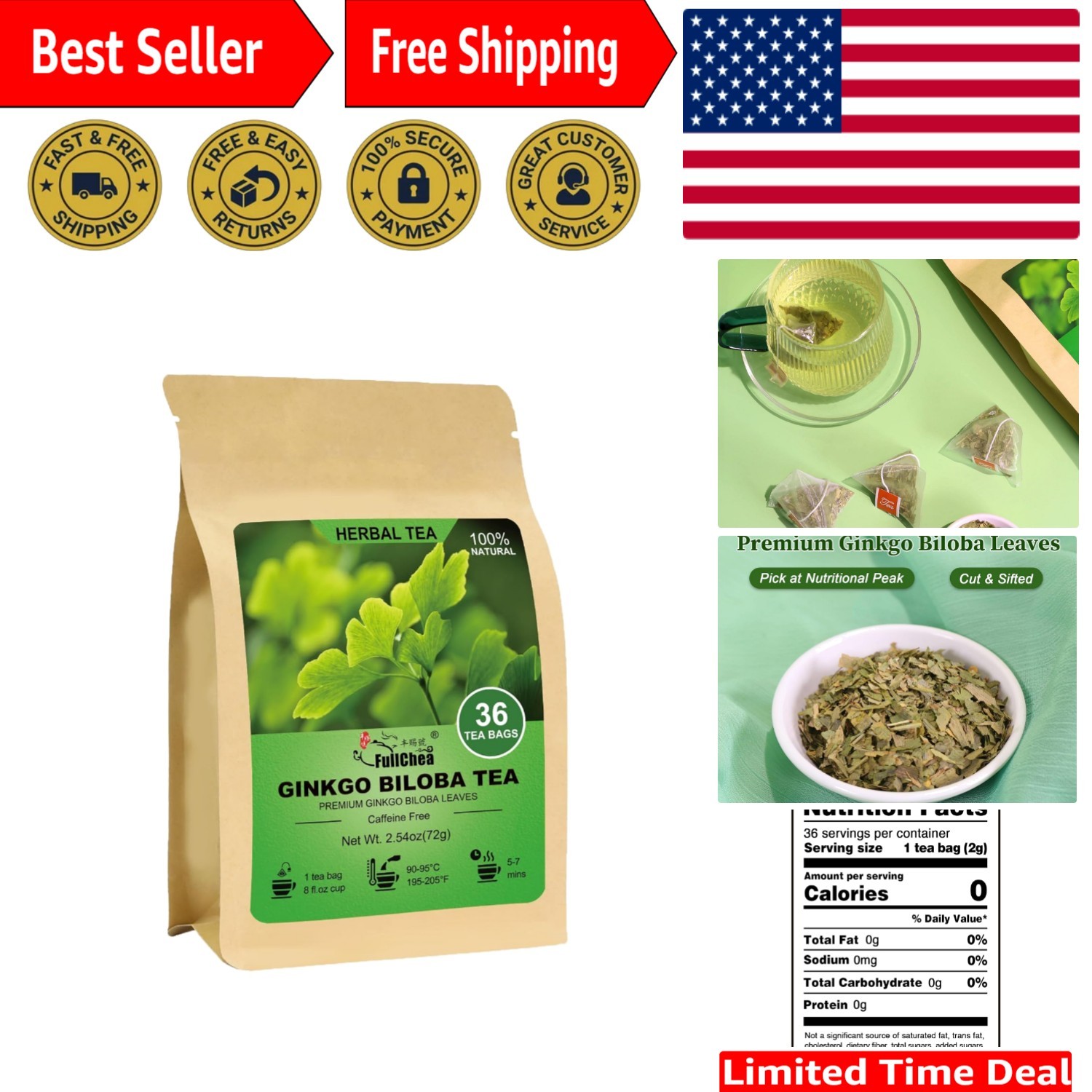 Caffeine-free Ginkgo Biloba Tea Bags – 36 Count, Quality for Wellness