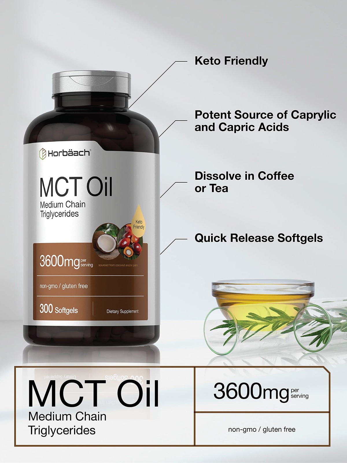Horbäach MCT Oil Pills | 3600mg | 300 Softgel Capsules 300 Count (Pack of 1)