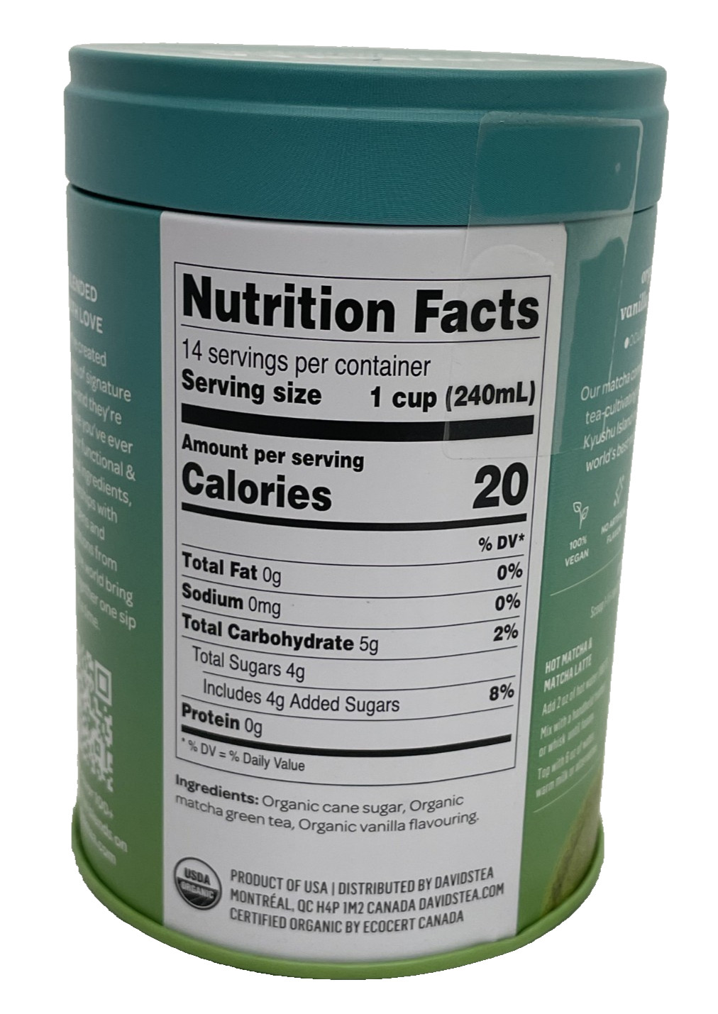DavidsTea Vanilla Organic Matcha 2.29 Oz. Drink Mix Vegan Low Caffeine