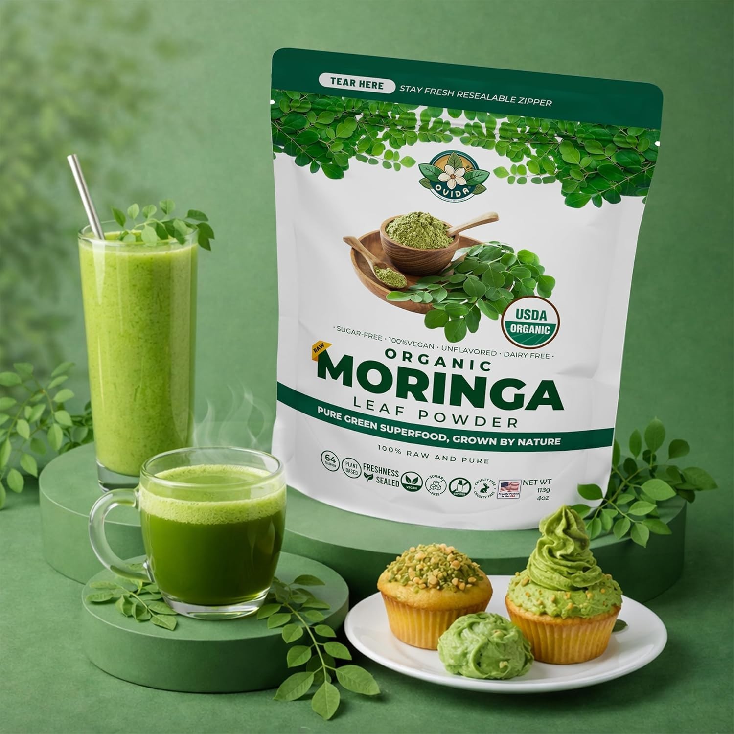Organic Moringa Leaf Powder, Caffeine Free Powder, Smoothie & Tea Blend 4 oz