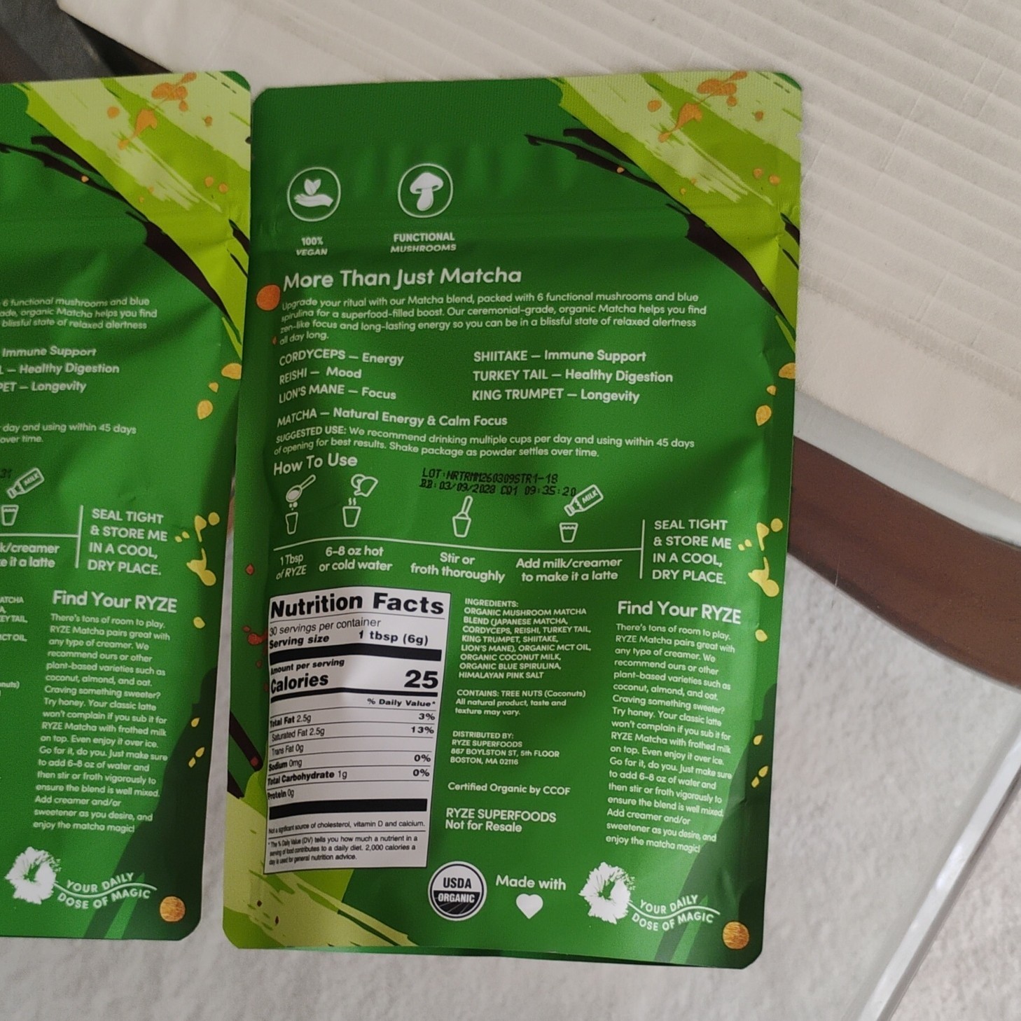 Ryze Mushroom Matcha Powder Drink Mix, USDA Organic Vegan, 2-Pack (180g)