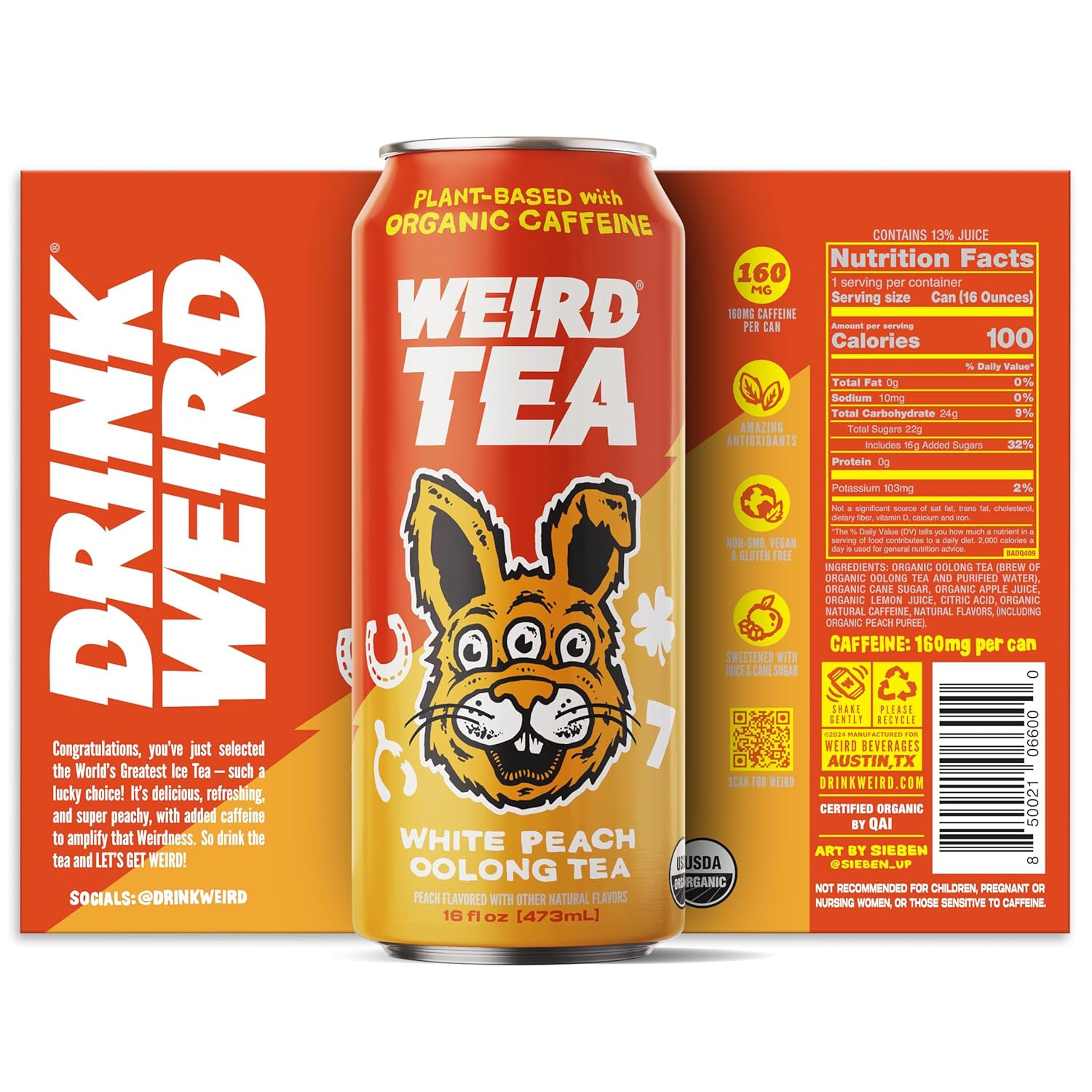 Organic White Peach Oolong Tea – 16Oz Cans, 160Mg Organic Caffeine, Pack of 12 –