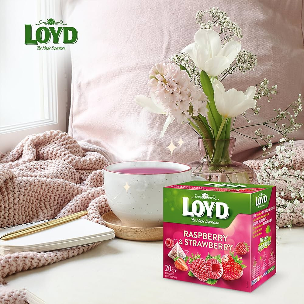 6 LOYD RASPBERRY & STRAWBERRY Flavor Fruit Tea 50 Pyramid Teabags Boxes 100g
