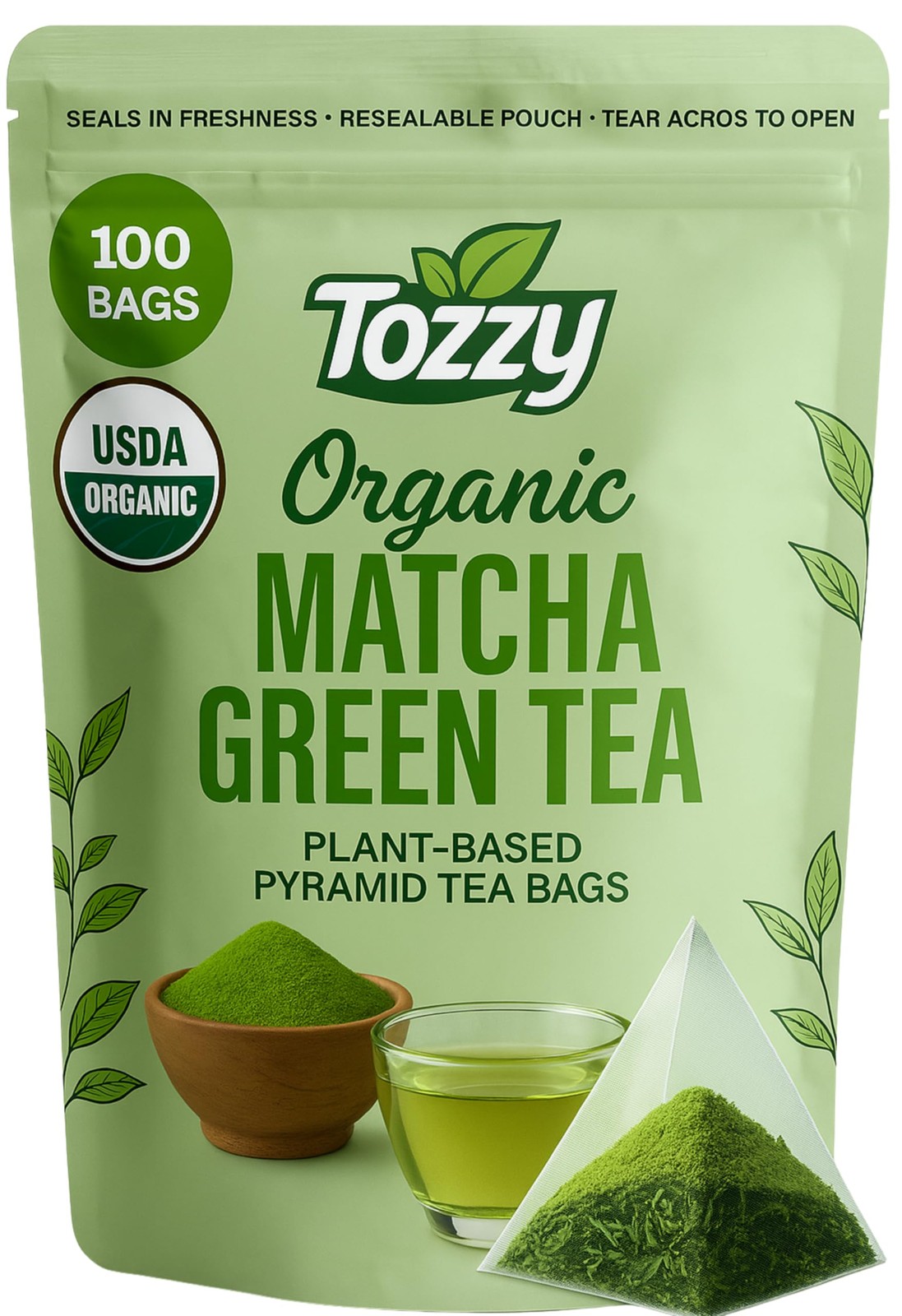 Tozzy Organic Matcha Green Tea – 100 Count, Plant-Based Pyramid Tea Bags