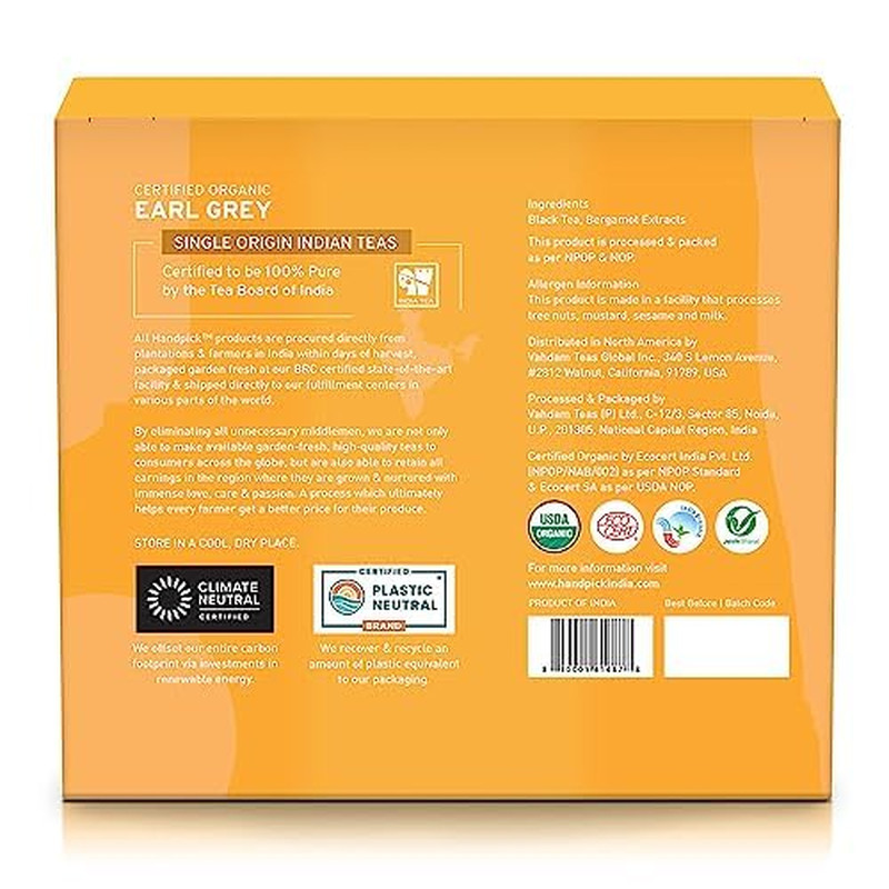 HANDPICK, Organic Earl Grey Black Tea Bags (100 Count) Double Bergamot Oil | Caf