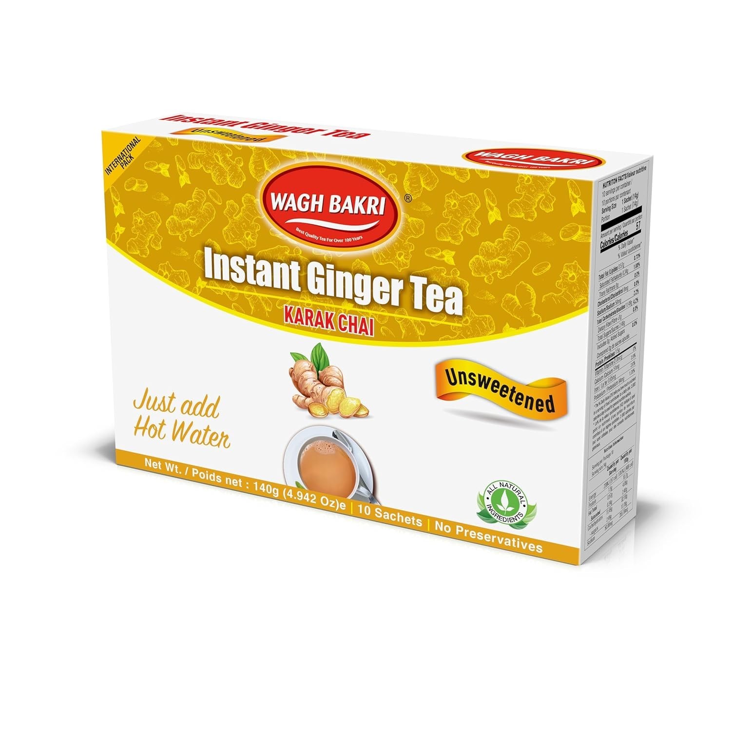 Instant Ginger Tea, Unsweetened, No Added Sugar, 140grams, 10 Sachets [Intern…