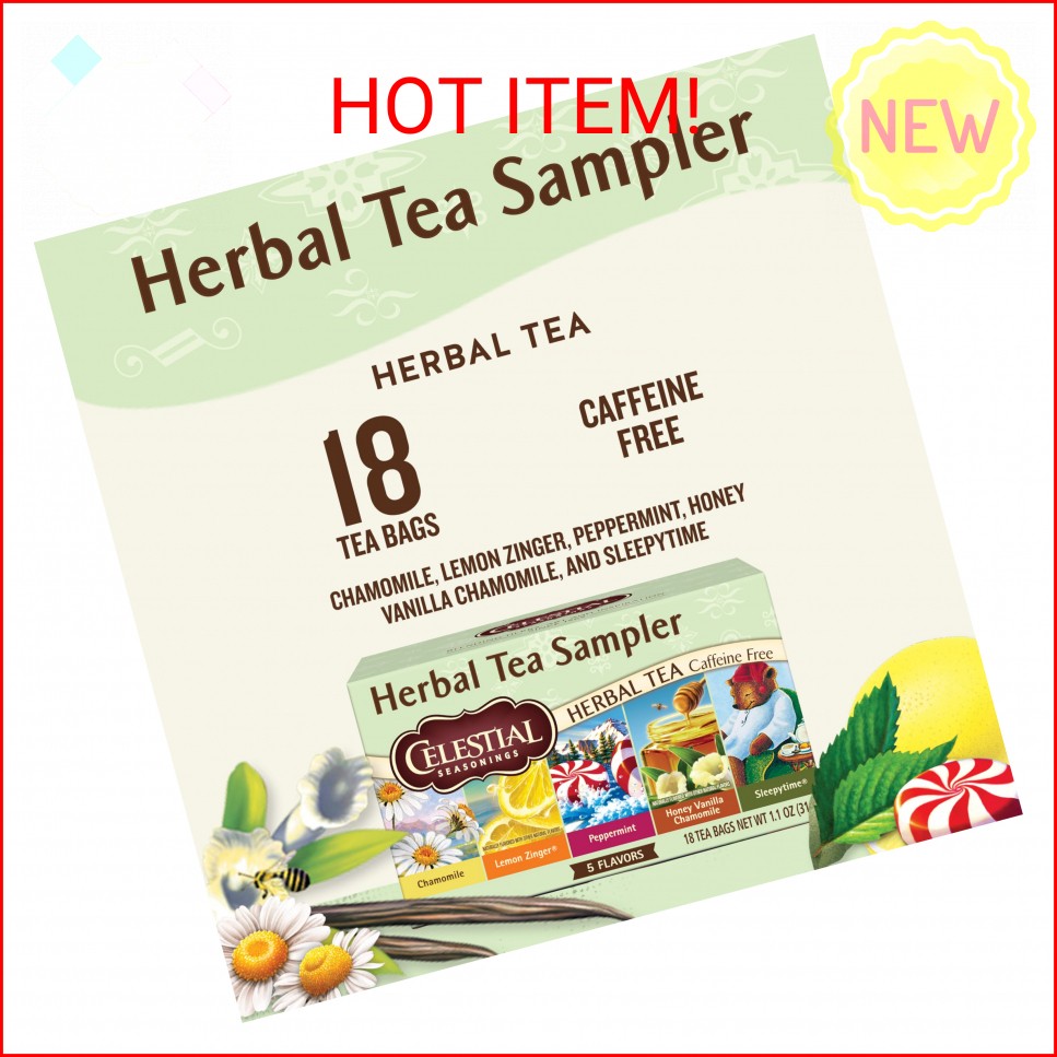 Celestial Seasonings Herbal Tea Sampler Variety Pack, Caffeine Free, 18 Tea Bags