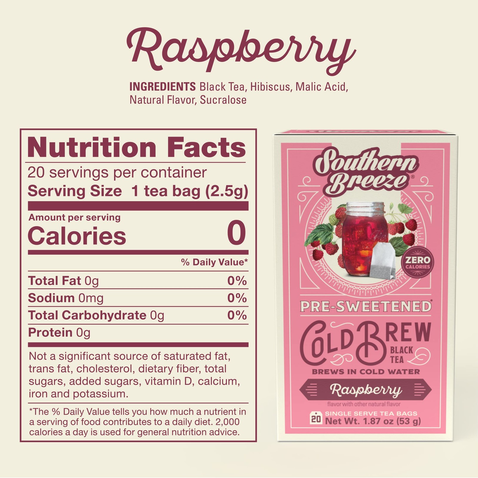 Southern Breeze Cold Brew Sweet Tea Zero Sugar Raspberry 20 Tea Bags
