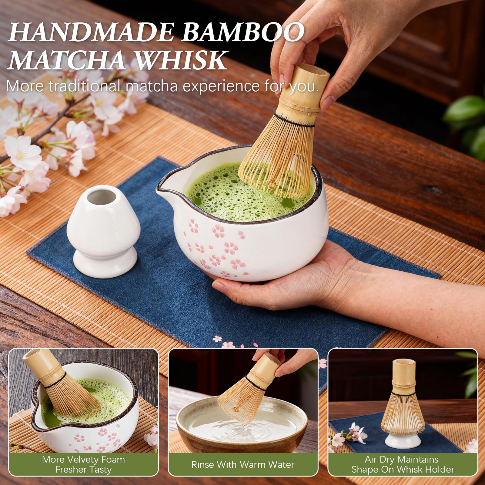Matcha Whisk Set 7 Pc Ceramic Bowl Bamboo Whisk Holder Scoop Sifter Towel