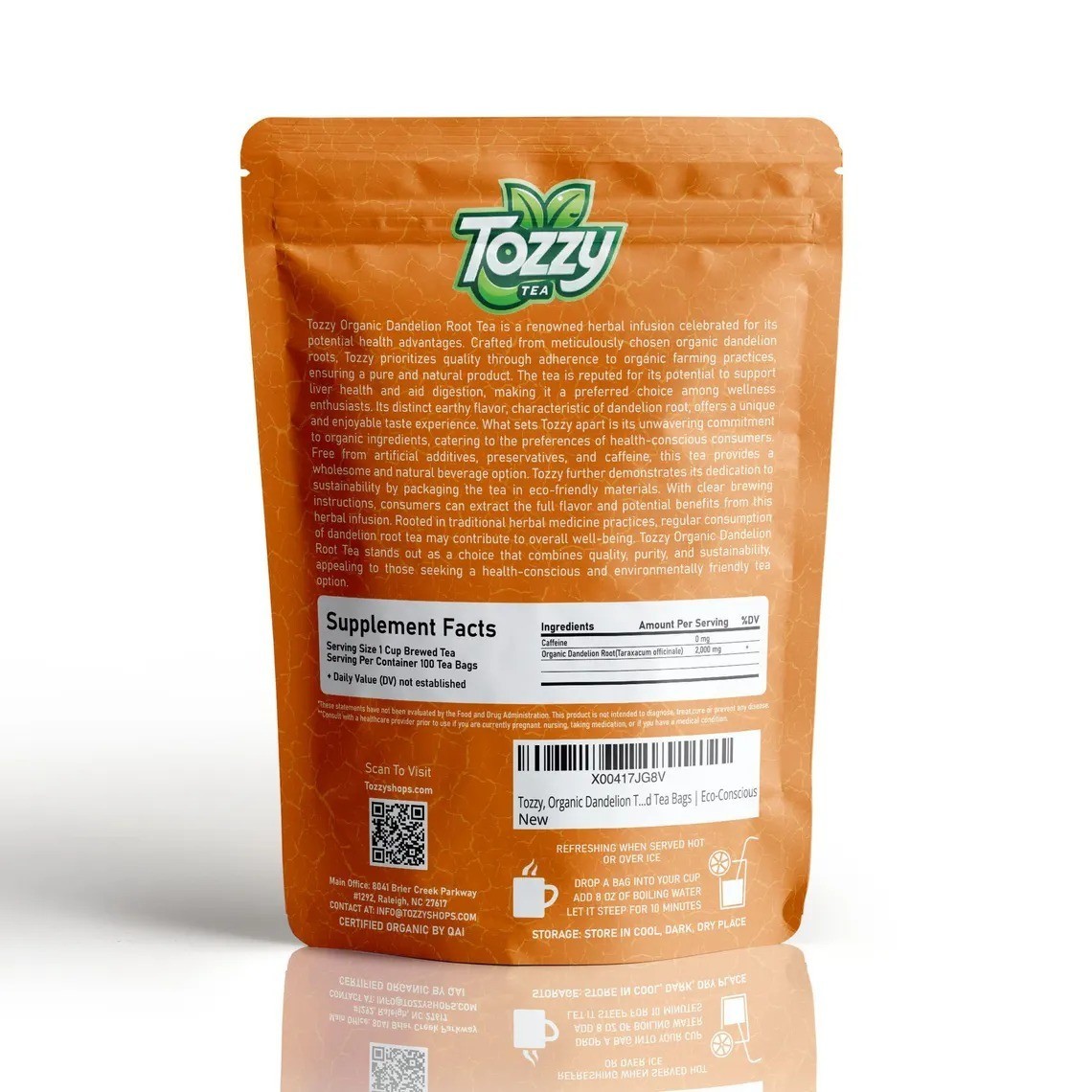 100 Count Organic Dandelion Root Tea – USDA Organic – Plant-Based Pyramid Bags