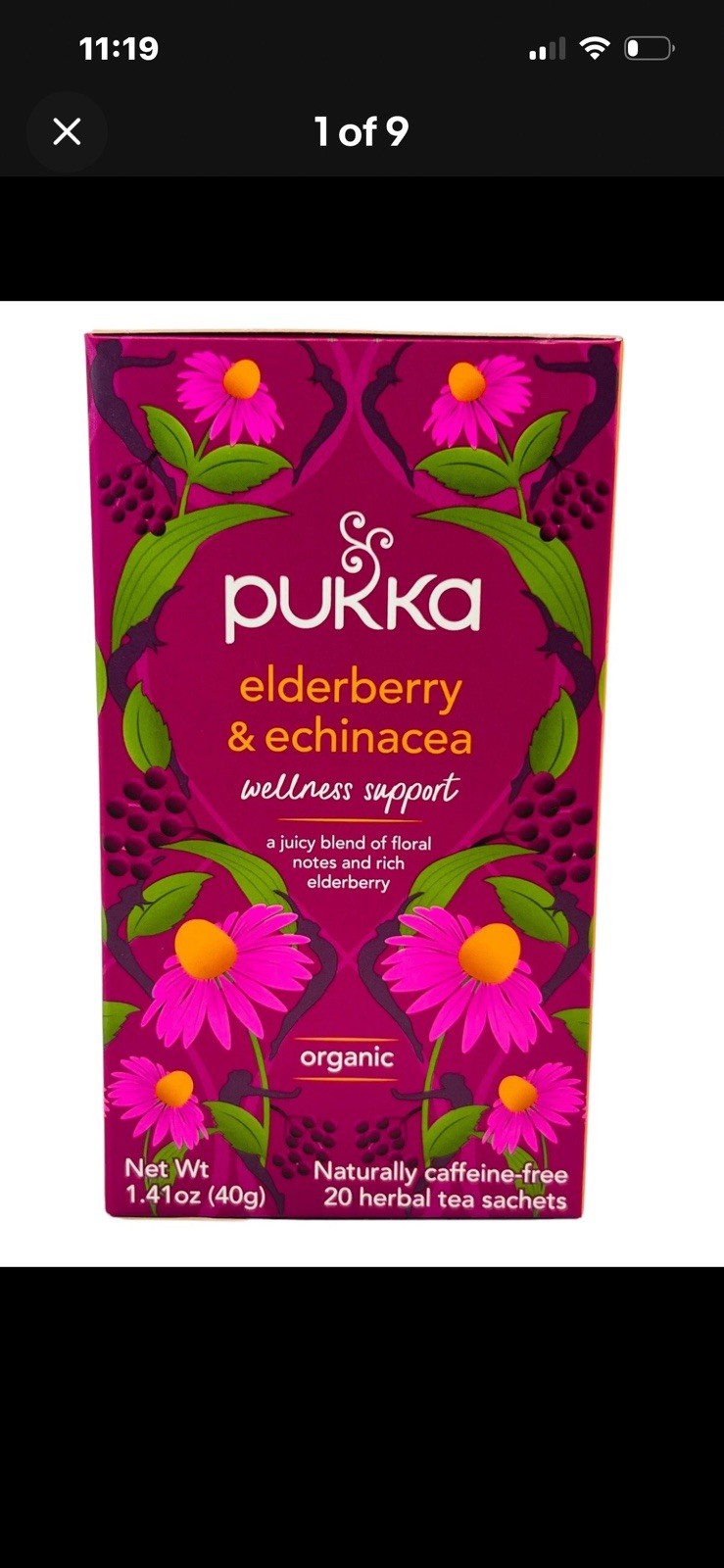 Pukka Organic Elderberry & Echinacea Herbal Tea 20 wrapped tea bags bb 05/2028