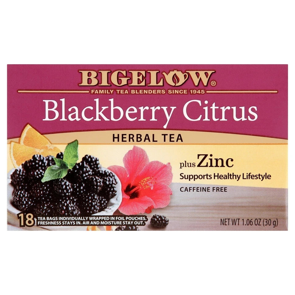 (4 pack) Bigelow Blackberry Citrus Plus Zinc, Herbal Tea Bags, 18 Count