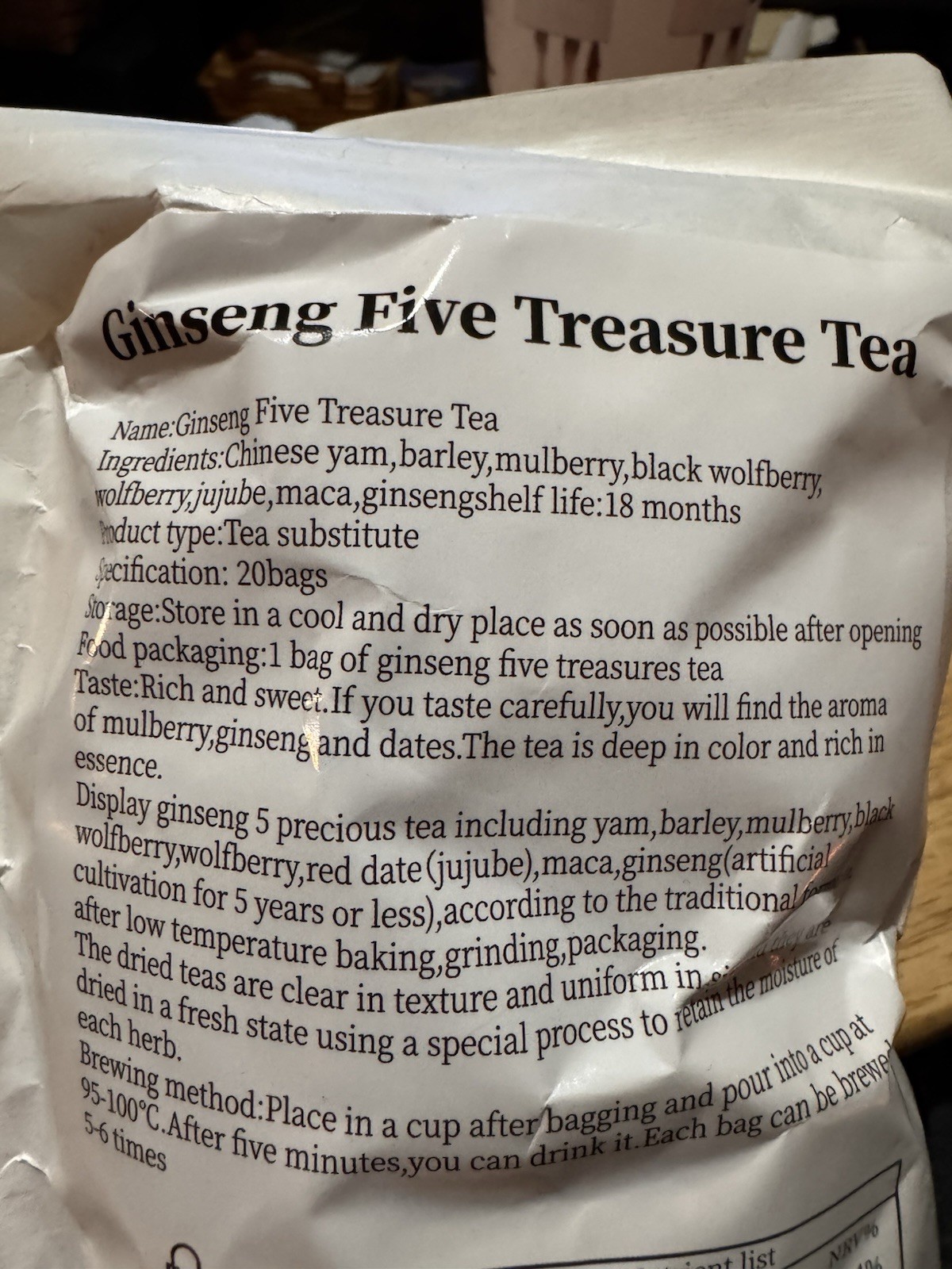 Ginseng Five Treasure Tea 20 Teabags Unopened New