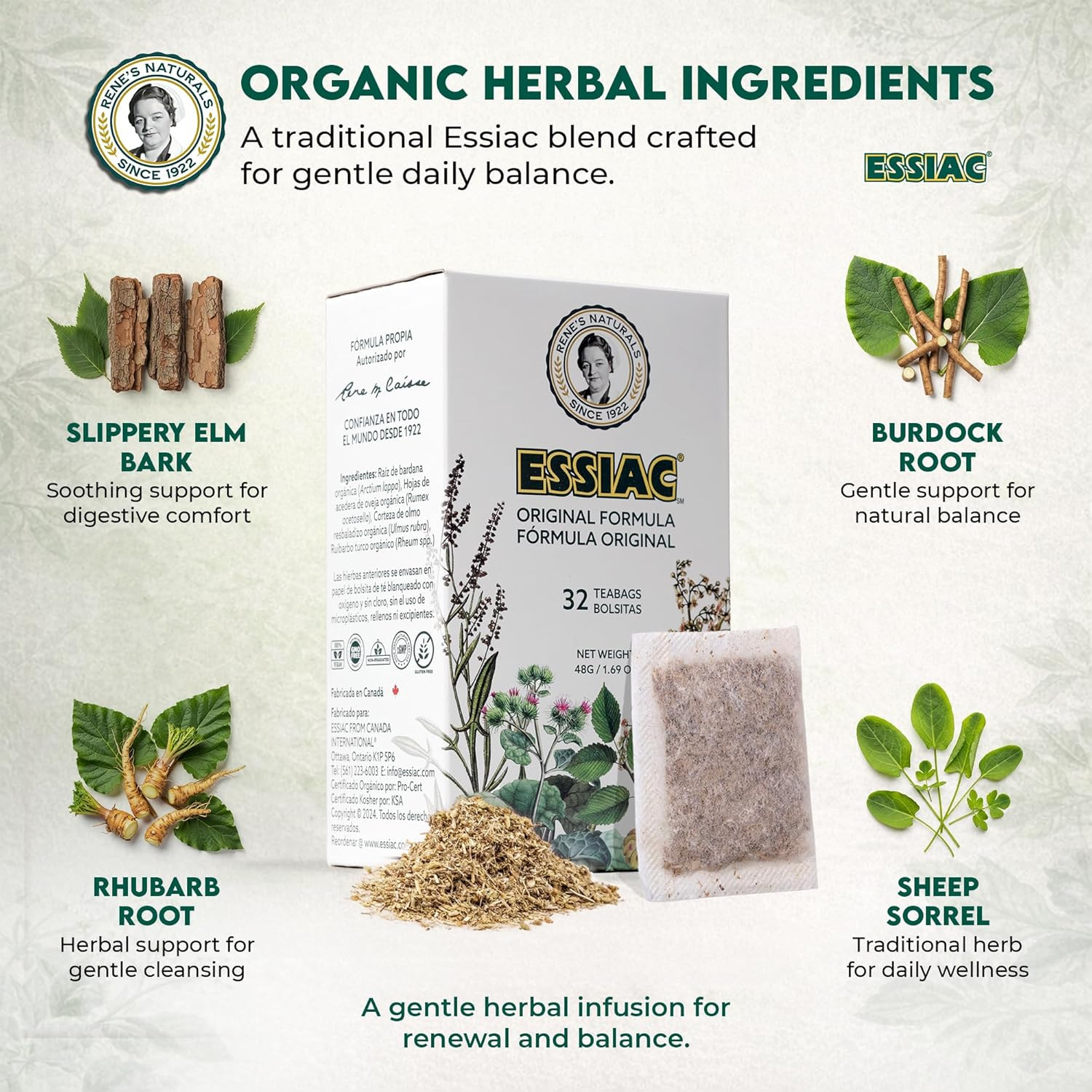 Rene’s Naturals Essiac Tea Bags – USDA Organic – Original 4-Herb Formula Since 1