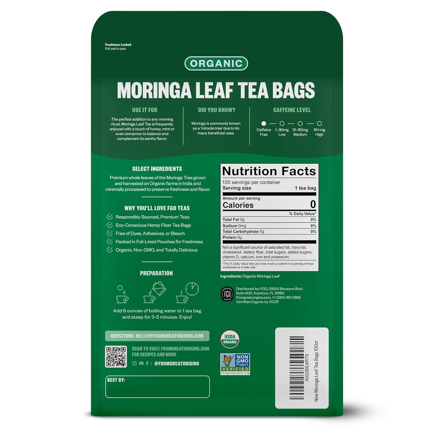 Organic Moringa Tea Bags, 100 Count for Immune Support and Detox Benefits