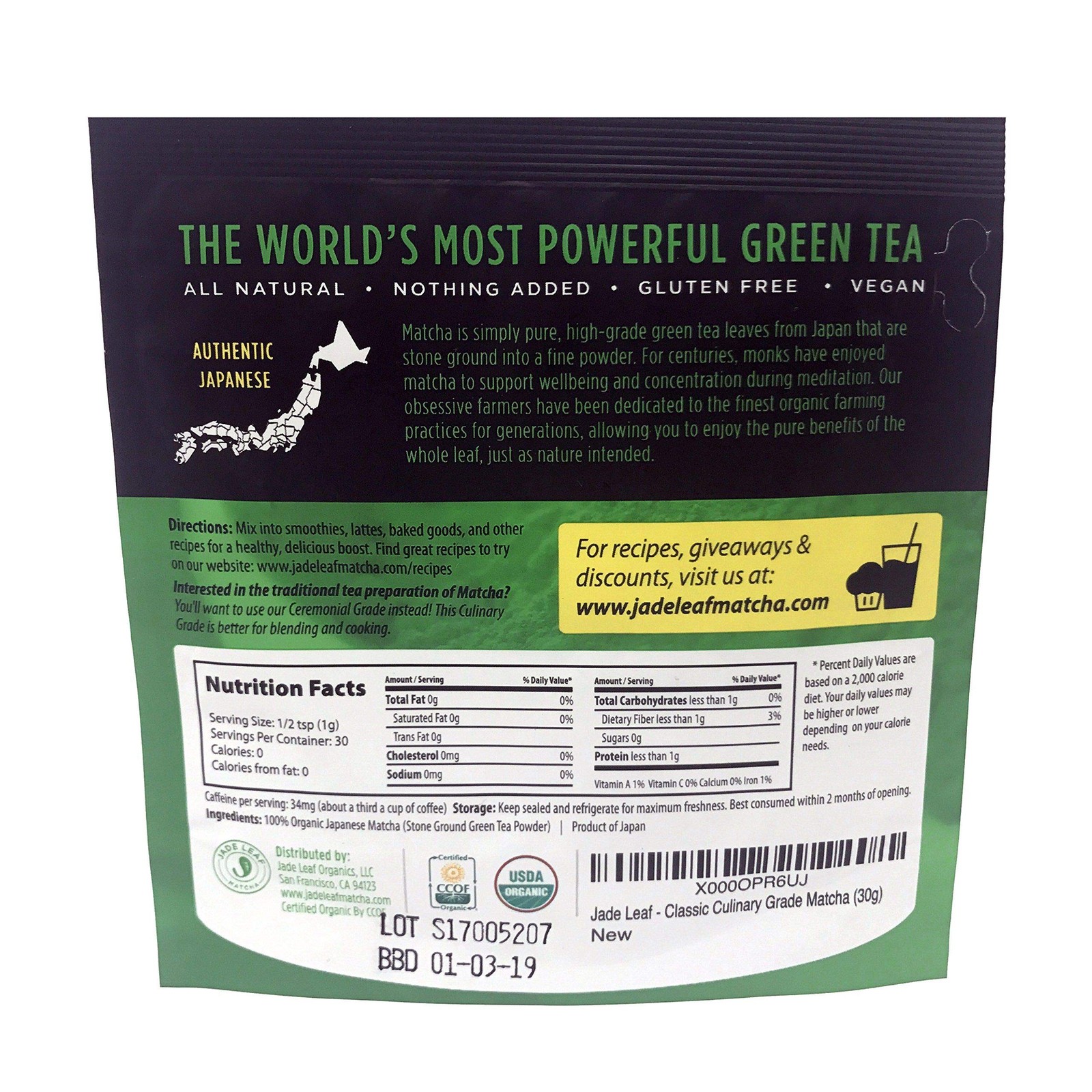 Jade Leaf Matcha Organic Green Tea Powder – Culinary Grade Premium Second Har…