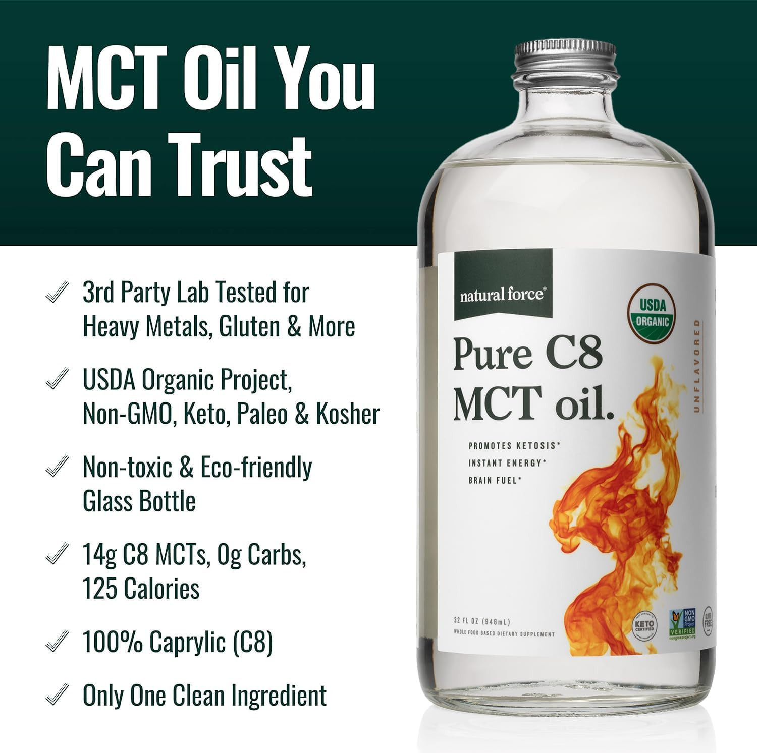 Natural Force Organic Pure C8 MCT Oil – Liquid in Glass Bottle…