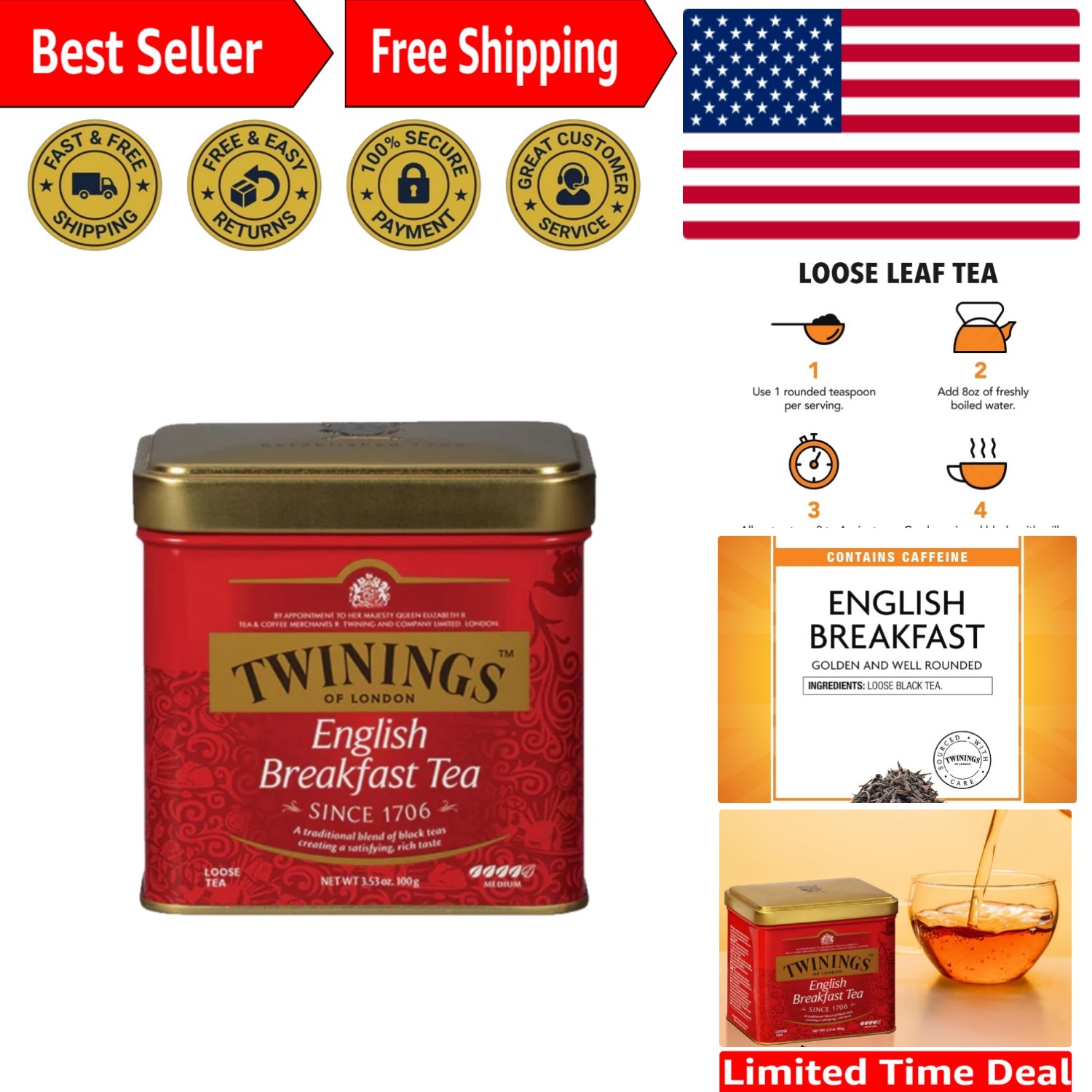 3.53 Ounce English Breakfast Loose Tea Tin – Rich Flavor, Natural & Caffeinated