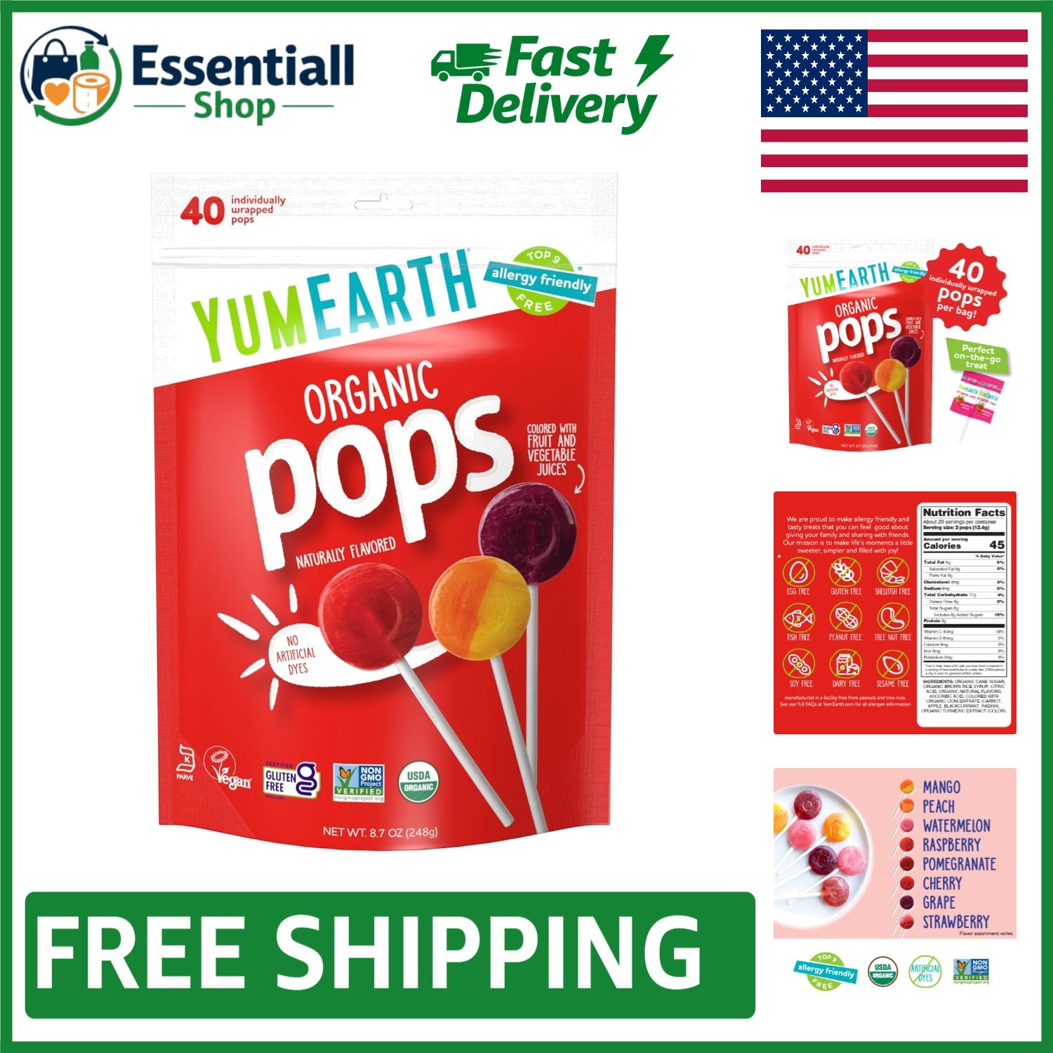 Allergy-Friendly Organic Fruit Lollipops – 40 Count, No Artificial Ingredients