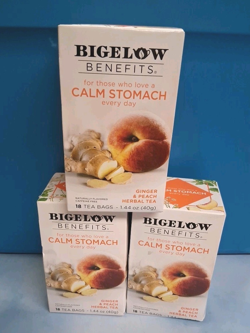 3 Pack, TEA CALM STOMACH GINGER & PEACH Herbal TEA Bigelow Benefits 18×3=52 bags