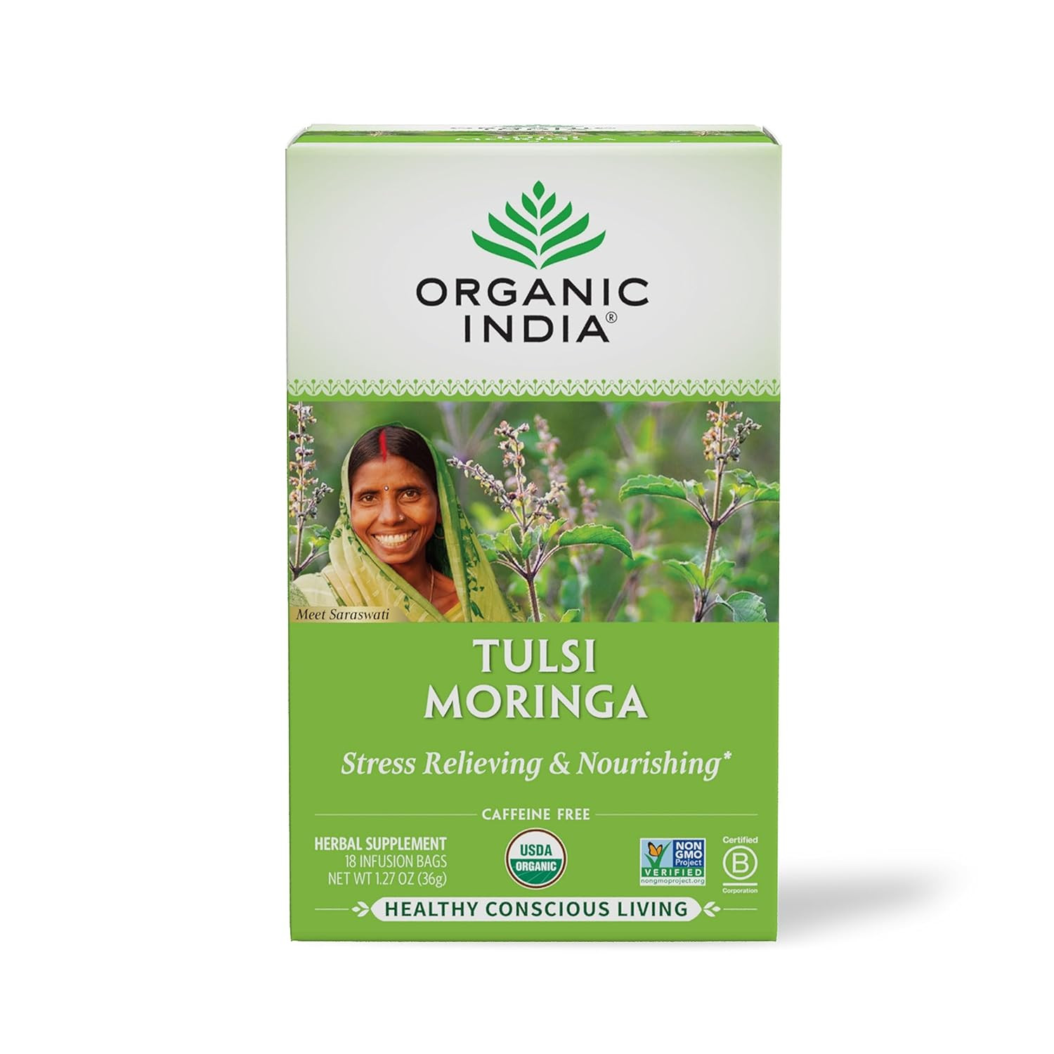 Organic India Tulsi Moringa Herbal Tea Caffeine Free Nourishing 18 Bags, 1 Pack