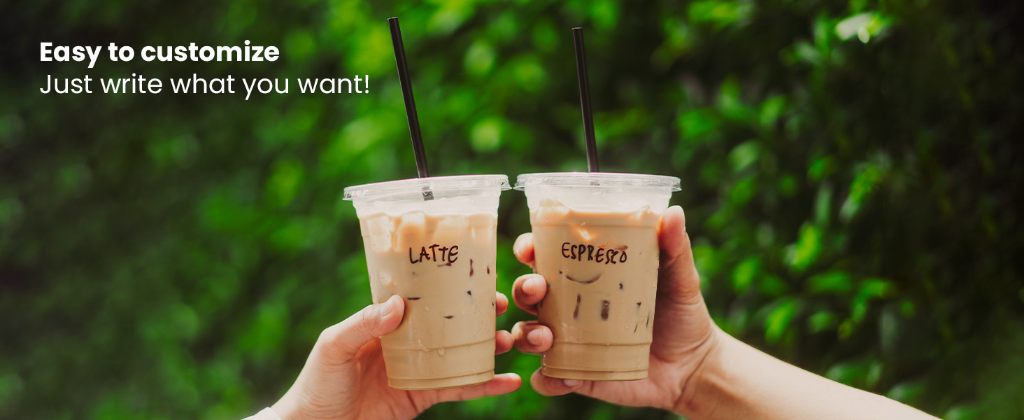 100 Pack 16 oz Plastic Iced Coffee Cups with Flat Lids and Black Straws,