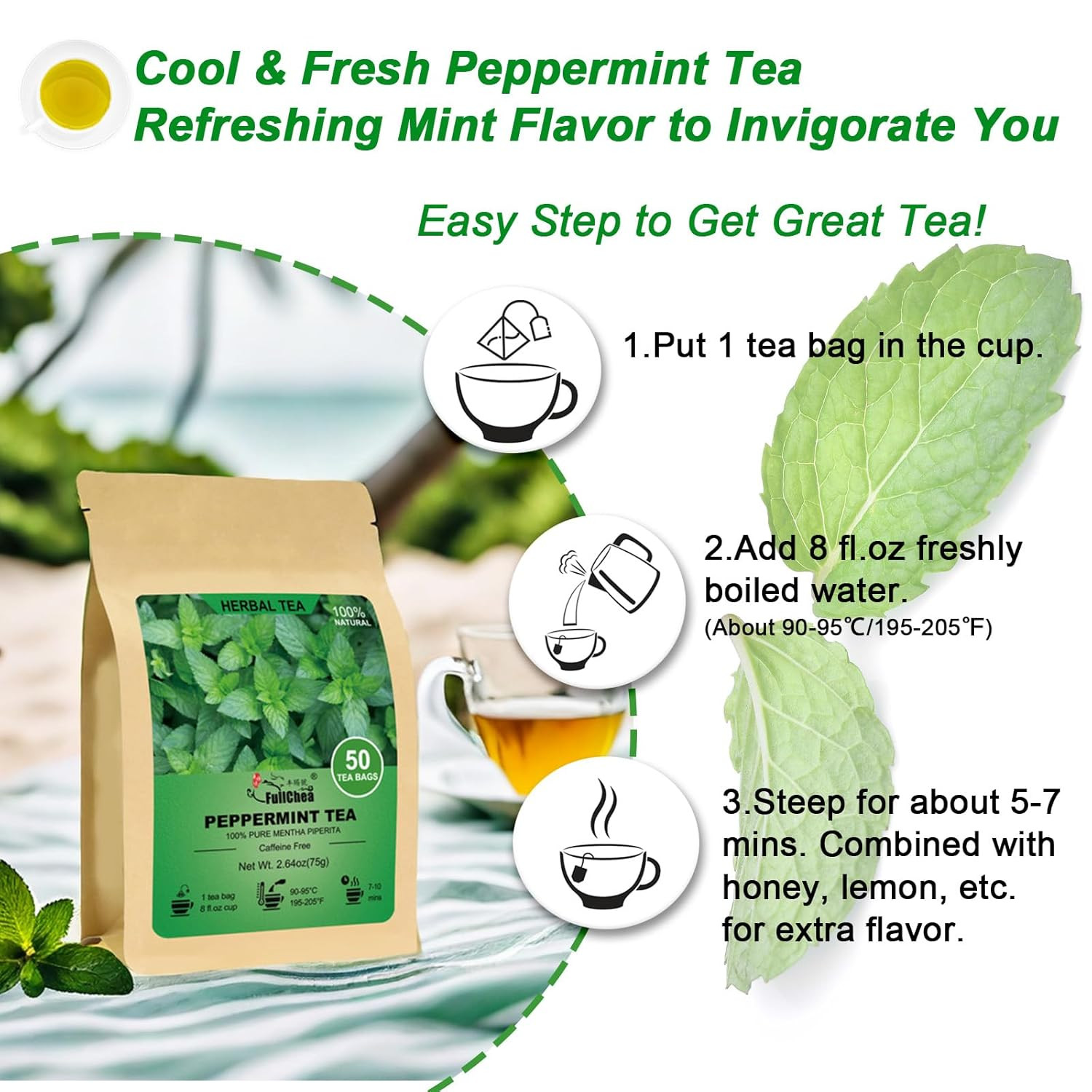 – Peppermint Tea Bags, 50 Teabags – Premium Peppermint Leaves – Refreshing & Min