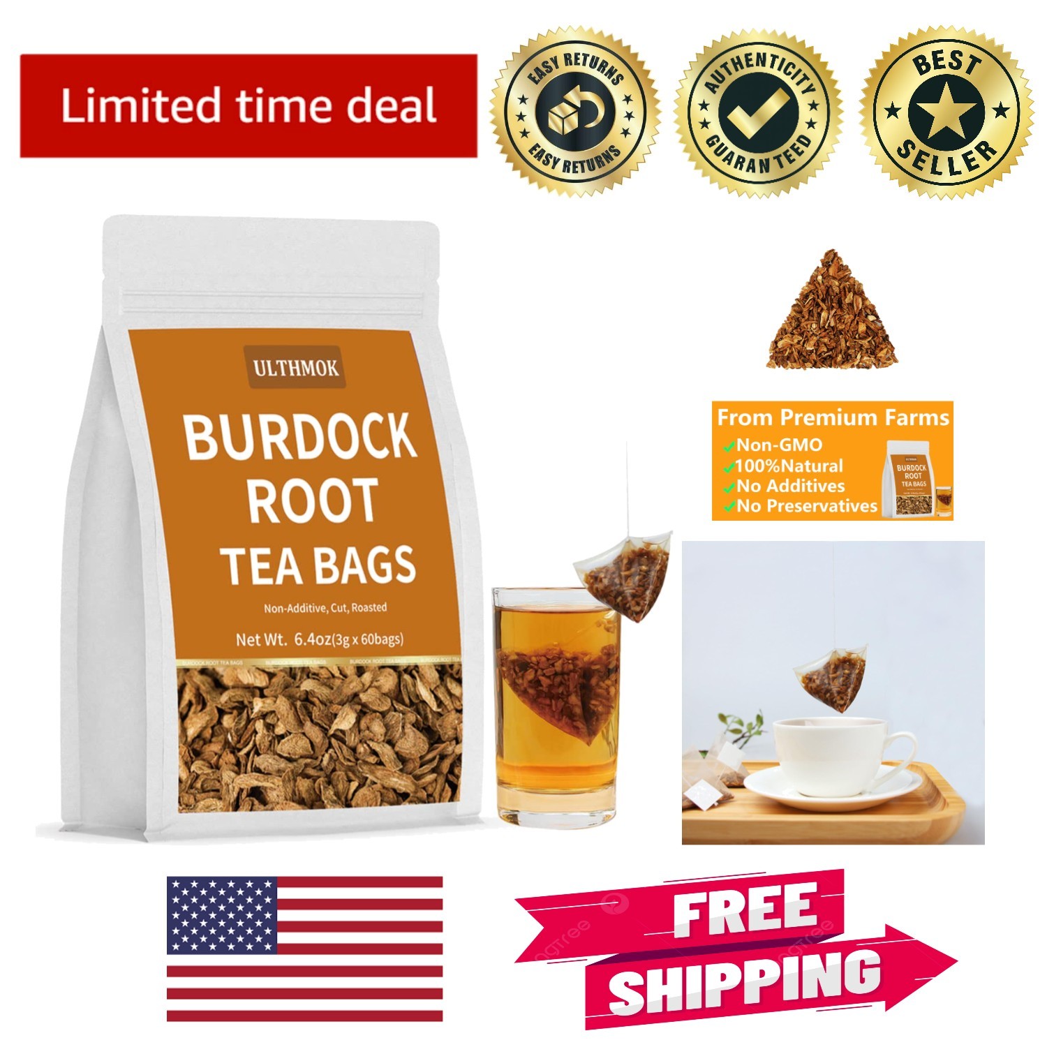Earthy Burdock Root Tea – 60 Natural Bags, No Additives, Convenient Brewing