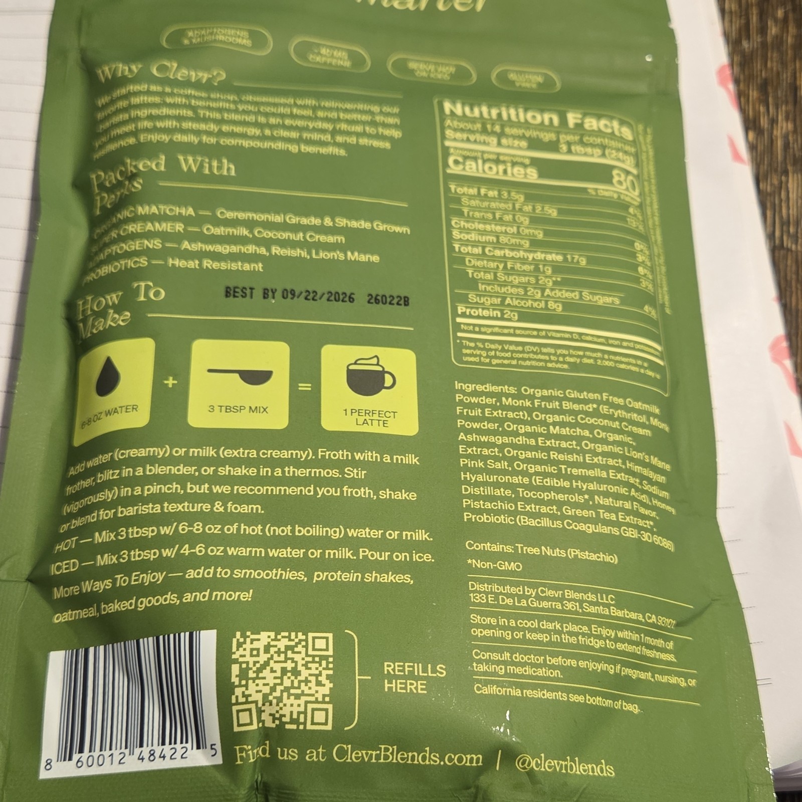 Clevr Pistachio Matcha SuperLatte Powder Mix Organic Gluten Free 12 oz