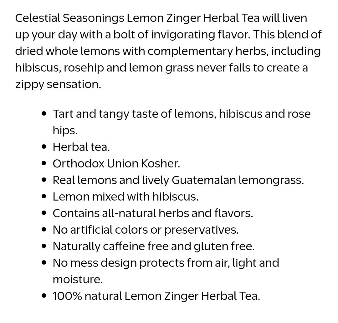 Celestial Seasonings Herbal Tea Lemon Zinger Caffeine Free 24 Keurig K-Cup Pods