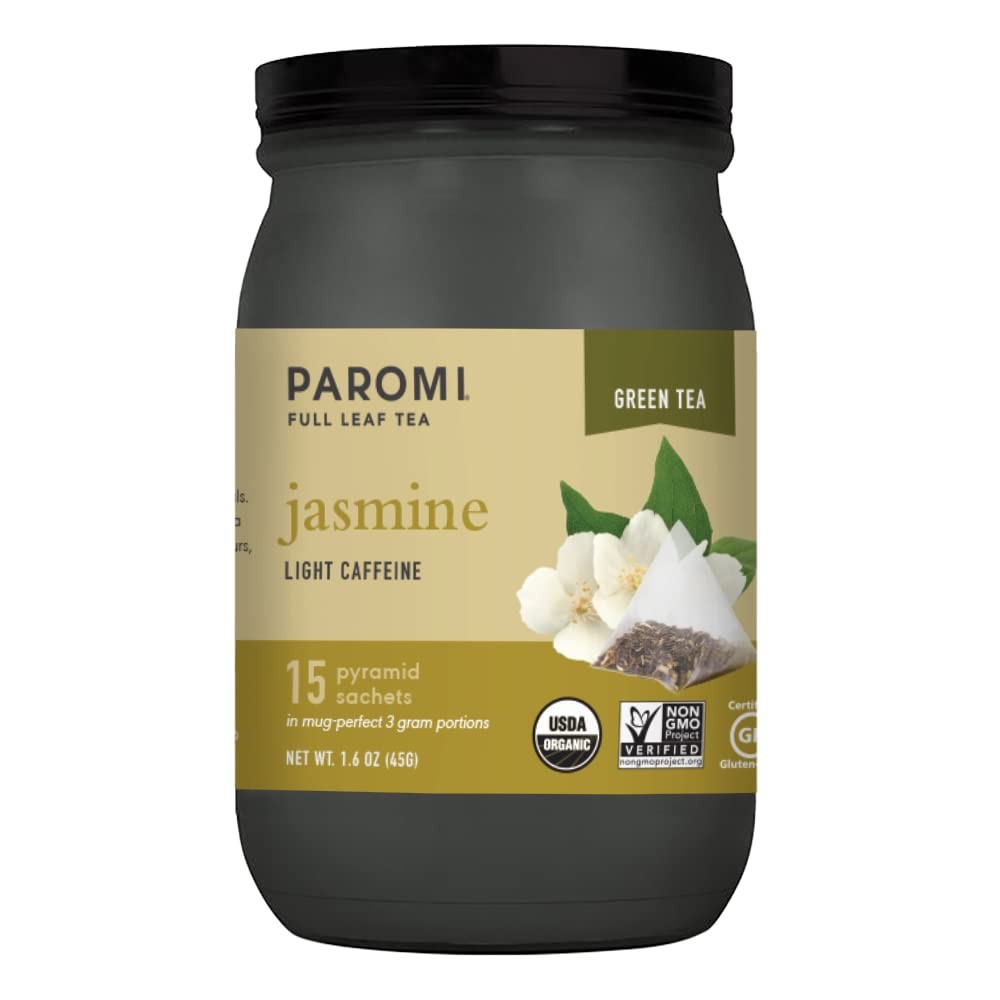 Paromi Organic Jasmine Tea 15 Pyramid Sachets in Signature Glass Jar